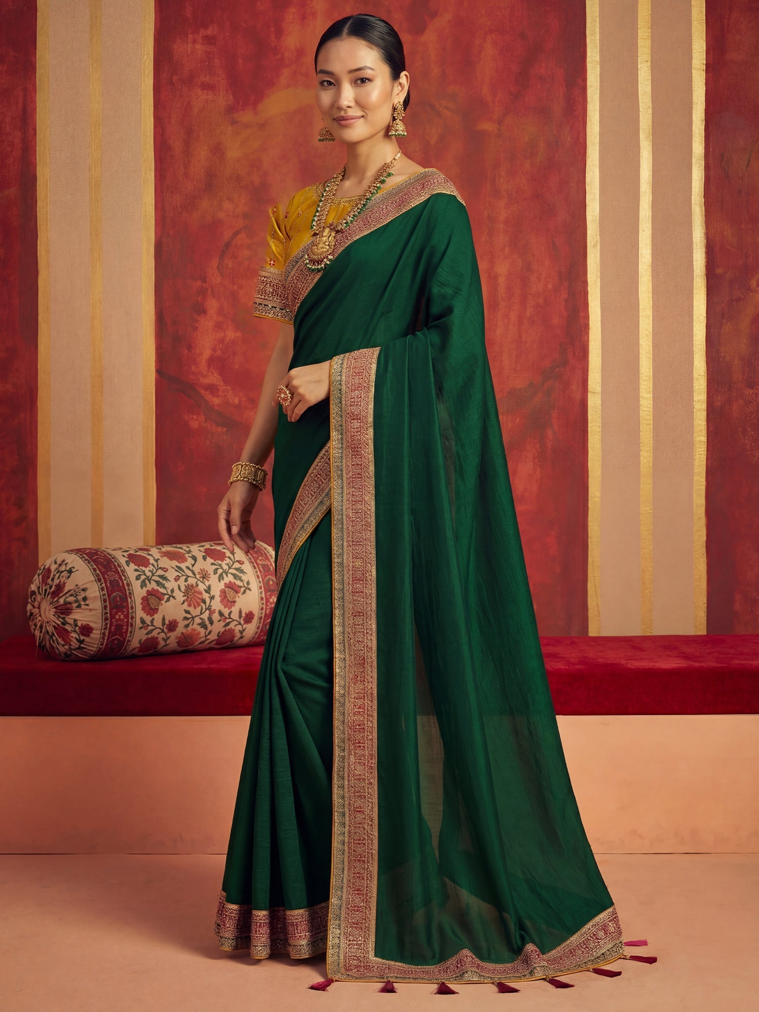 Olive Green Tissue Silk Saree with Zari Stripes - Ressa