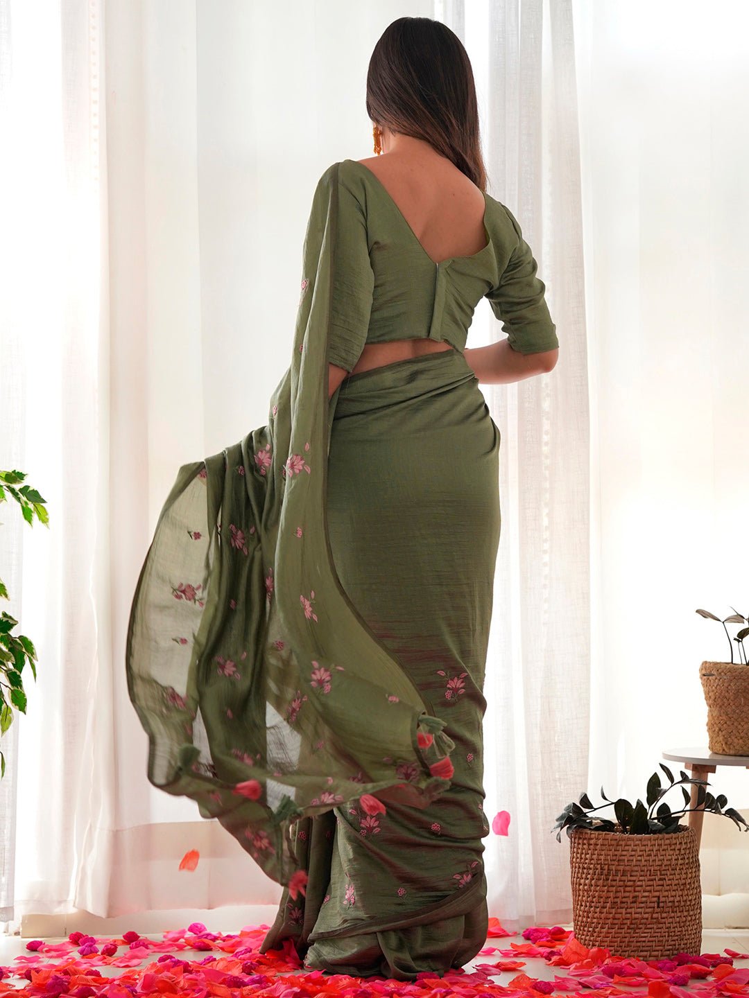 Olive Green Vichitra Silk Saree - Ressa