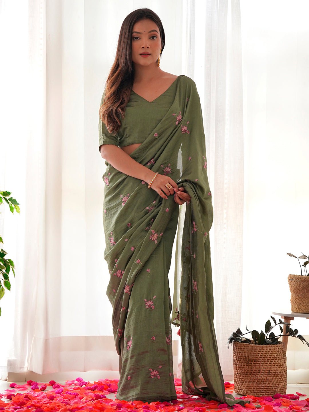 Olive Green Vichitra Silk Saree - Ressa