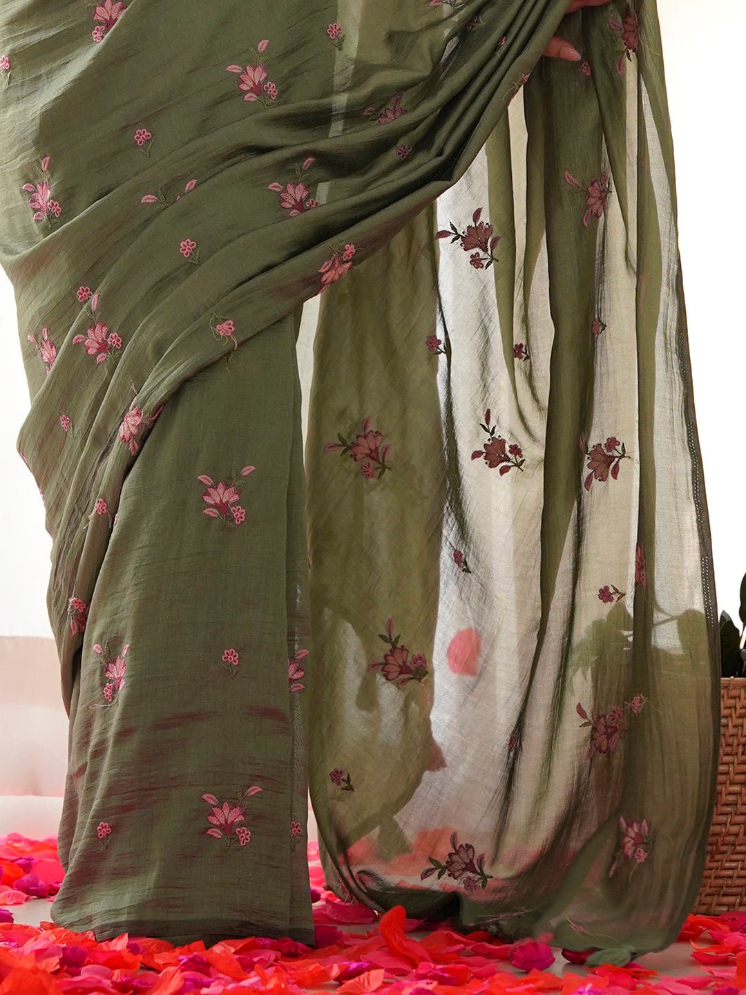 Olive Green Vichitra Silk Saree - Ressa