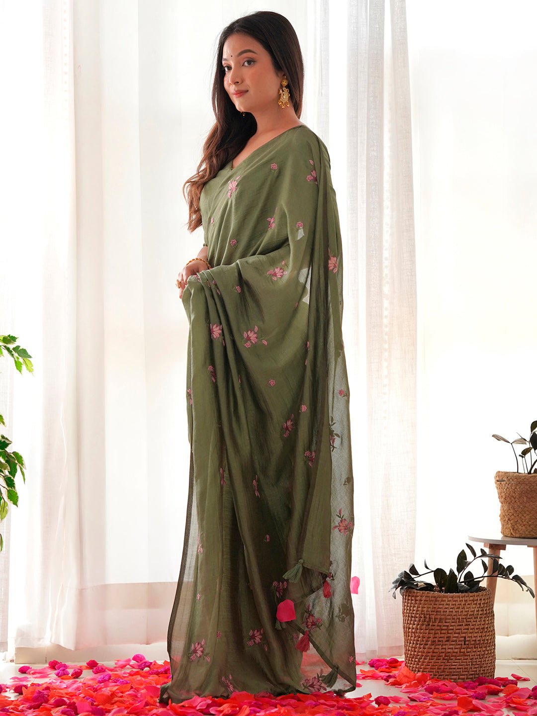 Olive Green Vichitra Silk Saree - Ressa