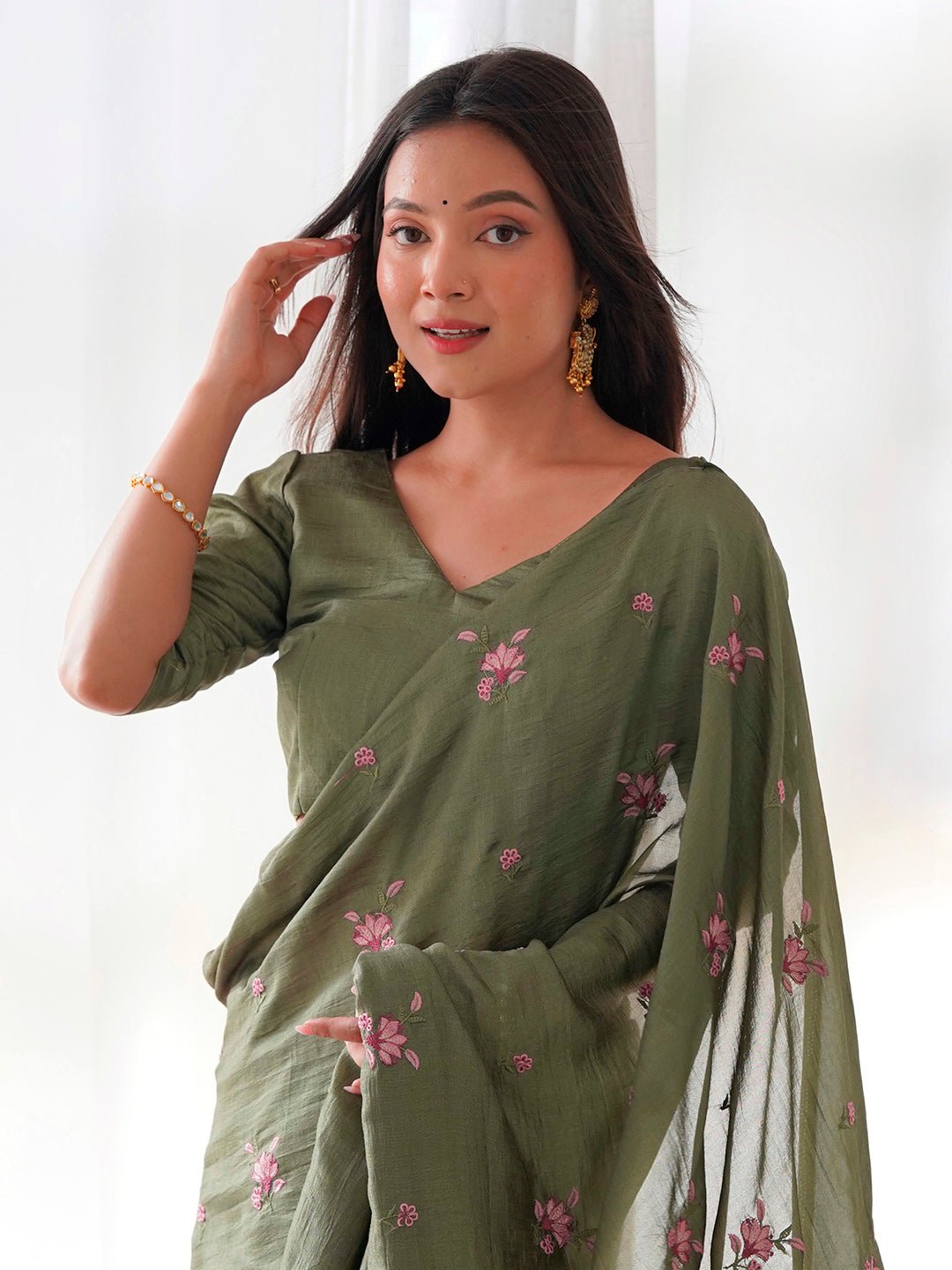 Olive Green Vichitra Silk Saree - Ressa