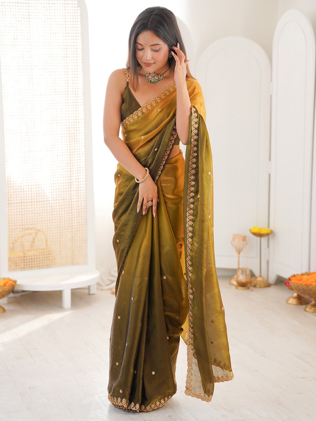 Olive & Mustard Gold Ombre Pattern Saree - Ressa