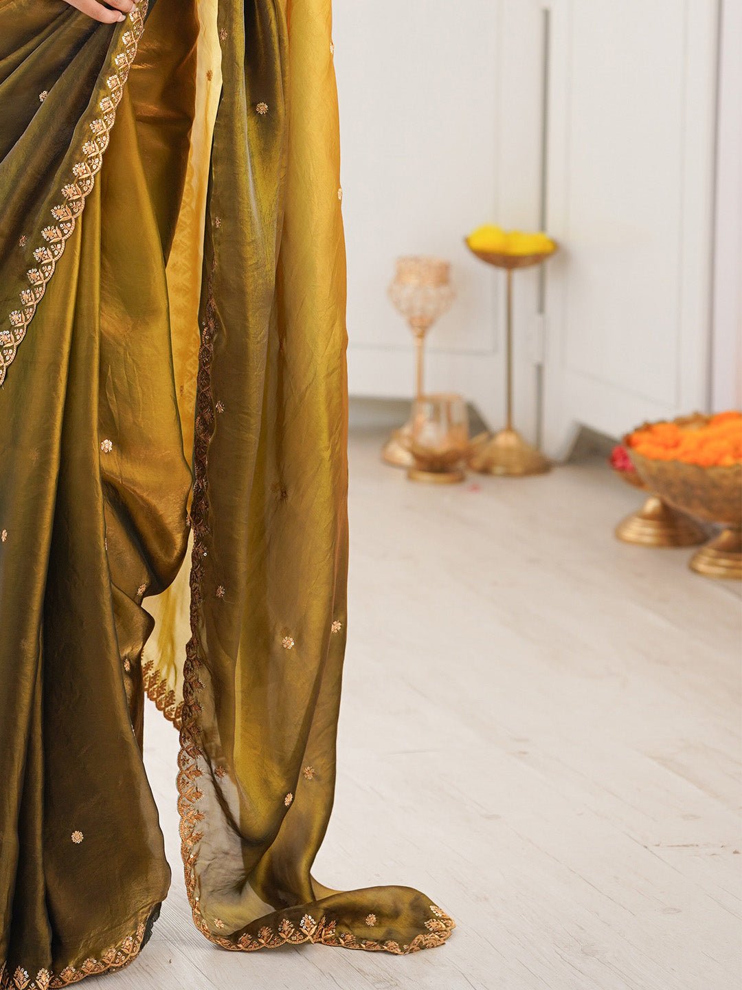 Olive & Mustard Gold Ombre Pattern Saree - Ressa