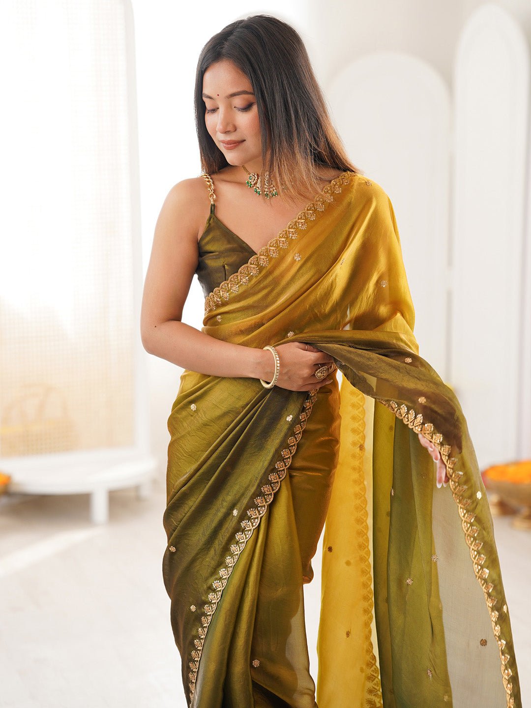 Olive & Mustard Gold Ombre Pattern Saree - Ressa