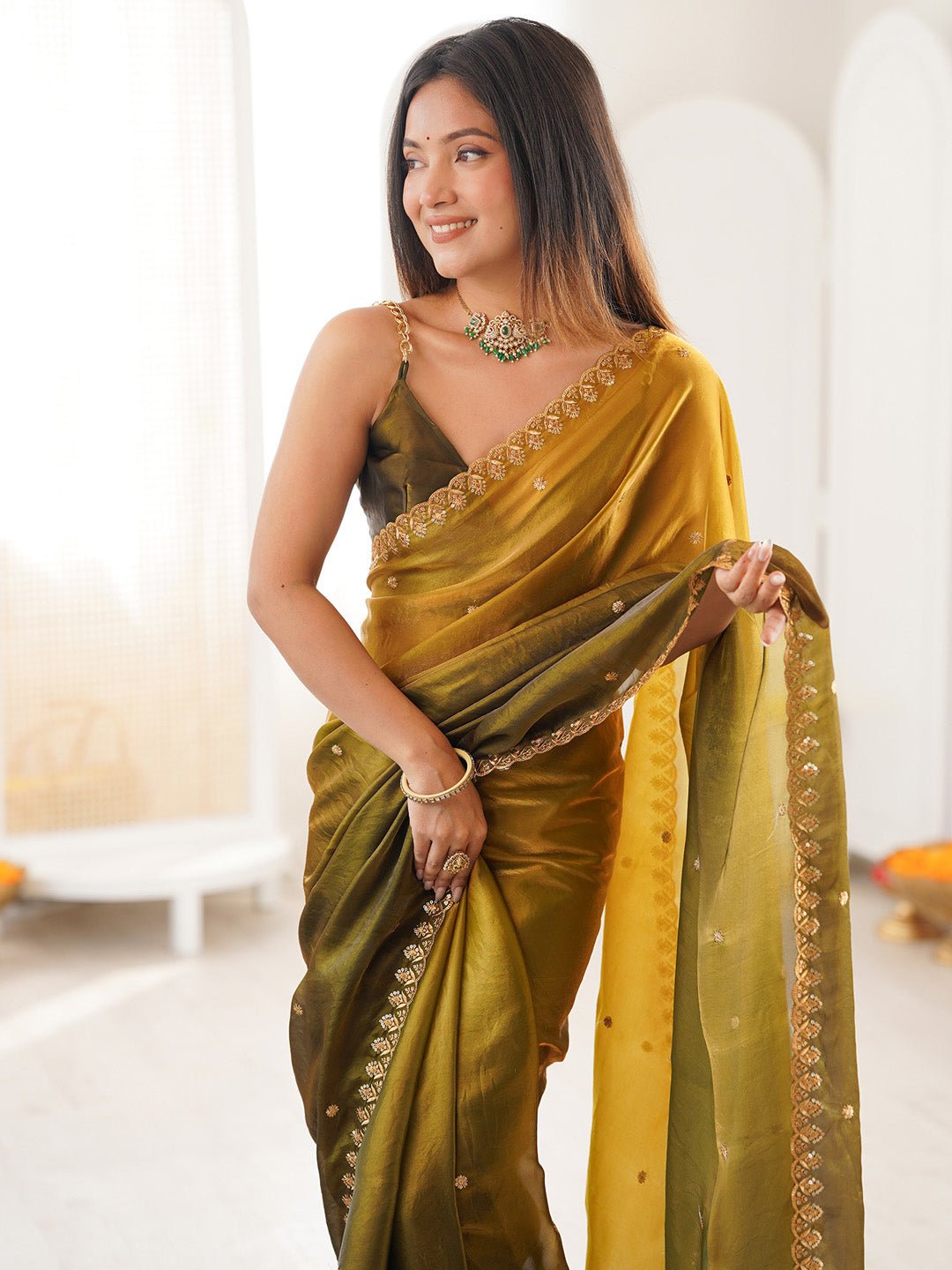 Olive & Mustard Gold Ombre Pattern Saree - Ressa