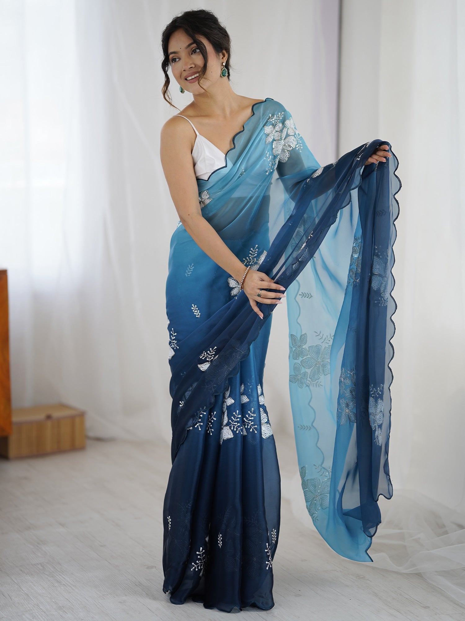 Ombre Blue Organza Embroidered Saree with Blouse Piece - Ressa