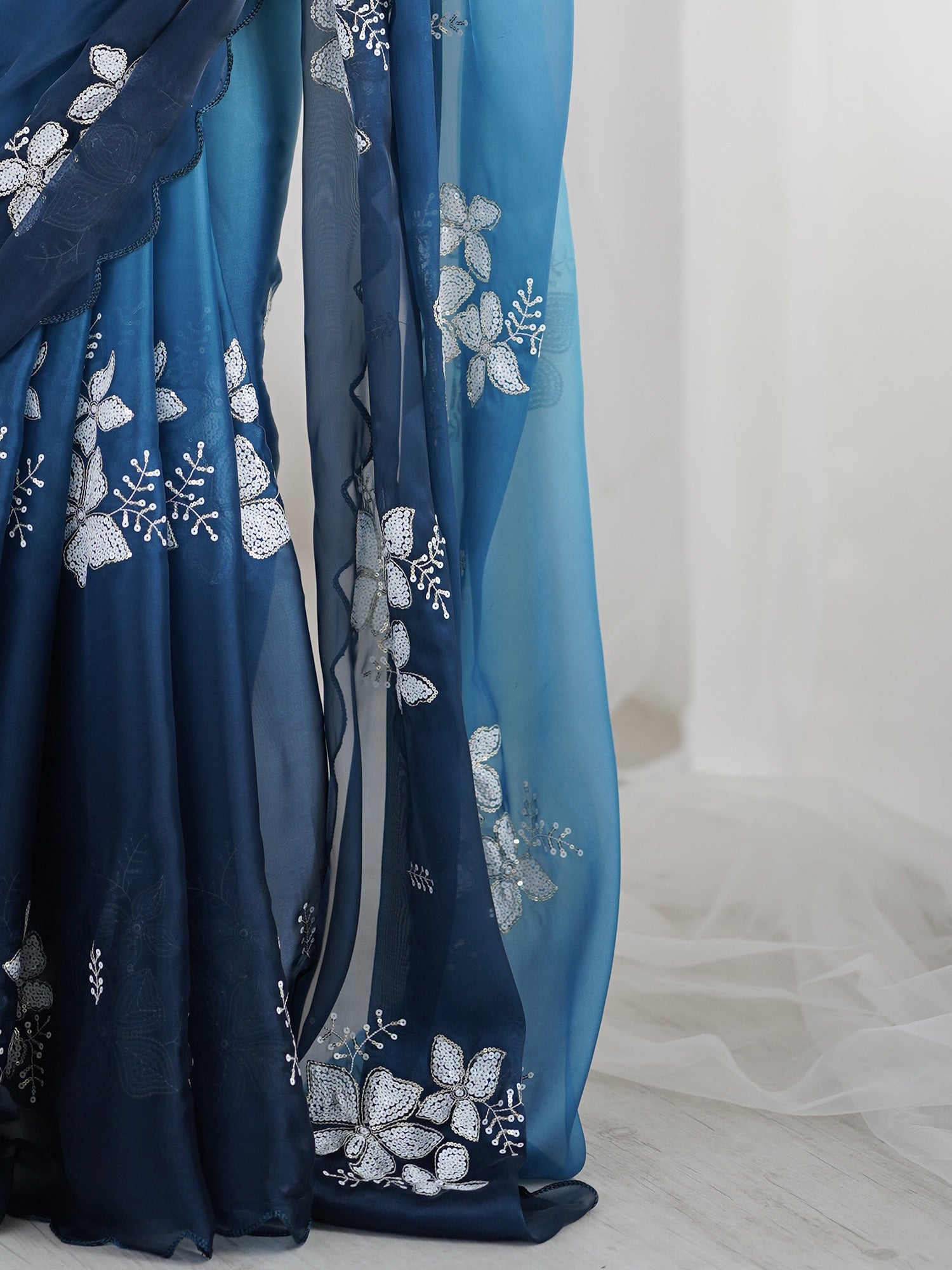 Ombre Blue Organza Embroidered Saree with Blouse Piece - Ressa