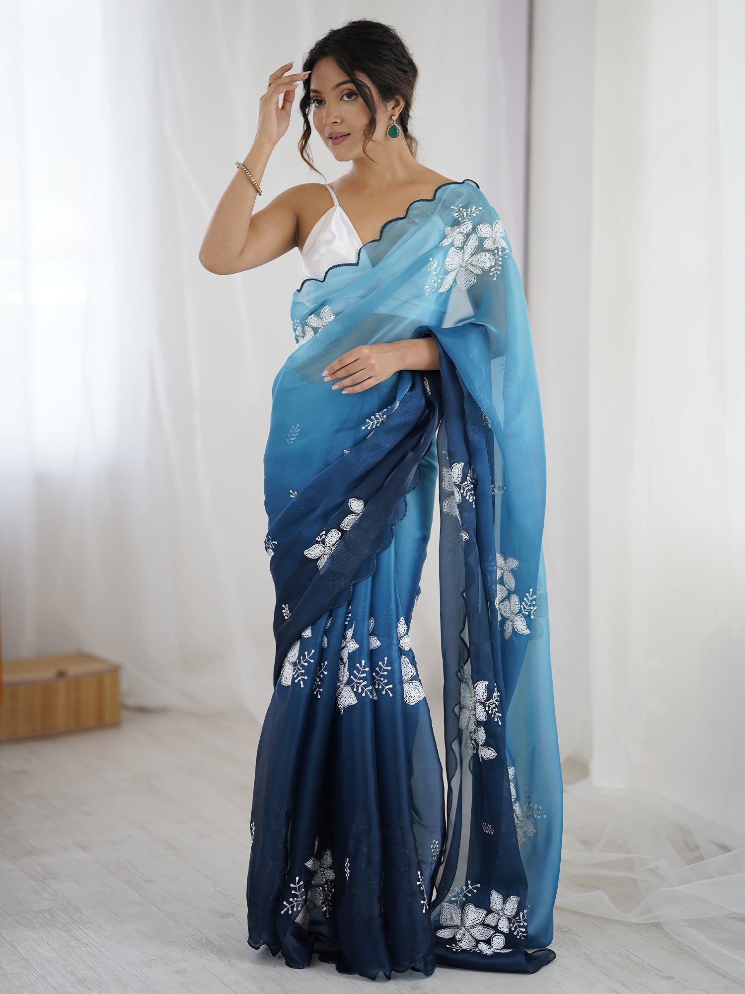 Ombre Blue Organza Embroidered Saree with Blouse Piece - Ressa