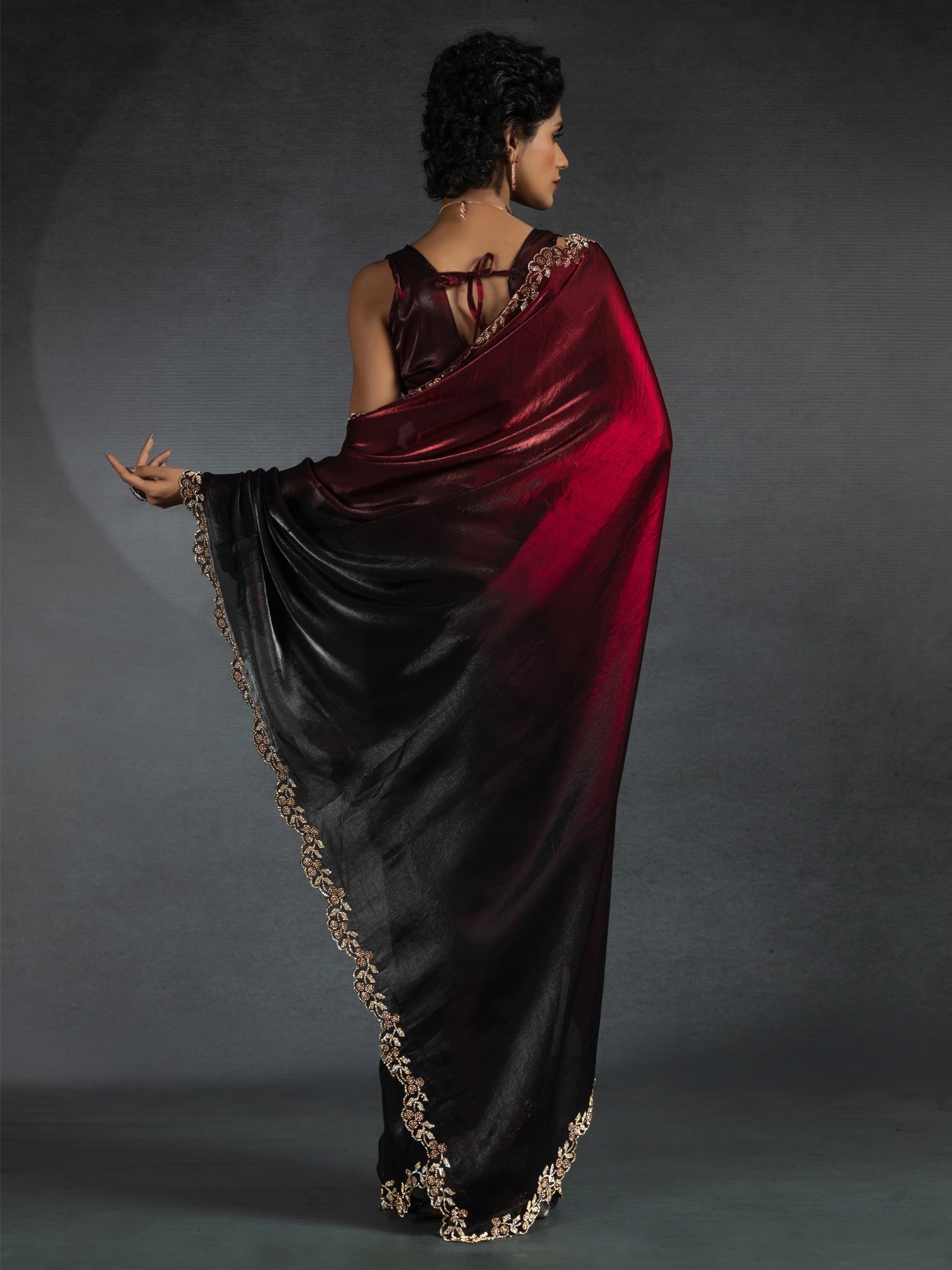 Ombre Dyed Beads and Stones Satin Saree - Ressa