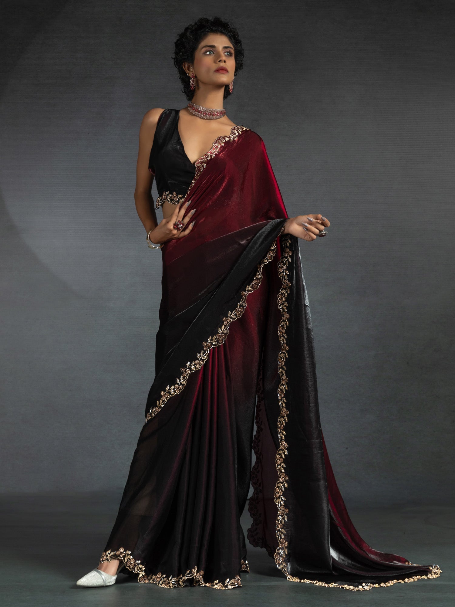 Ombre Dyed Beads and Stones Satin Saree - Ressa