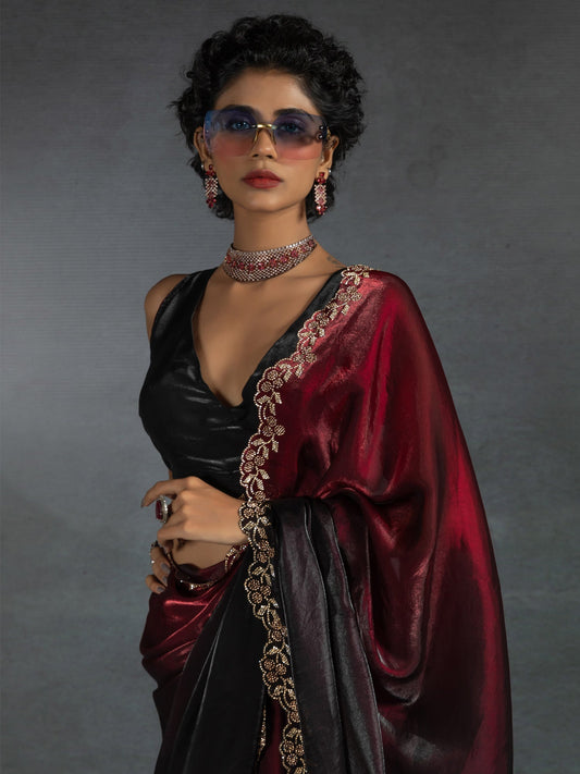 Ombre Dyed Beads and Stones Satin Saree - Ressa