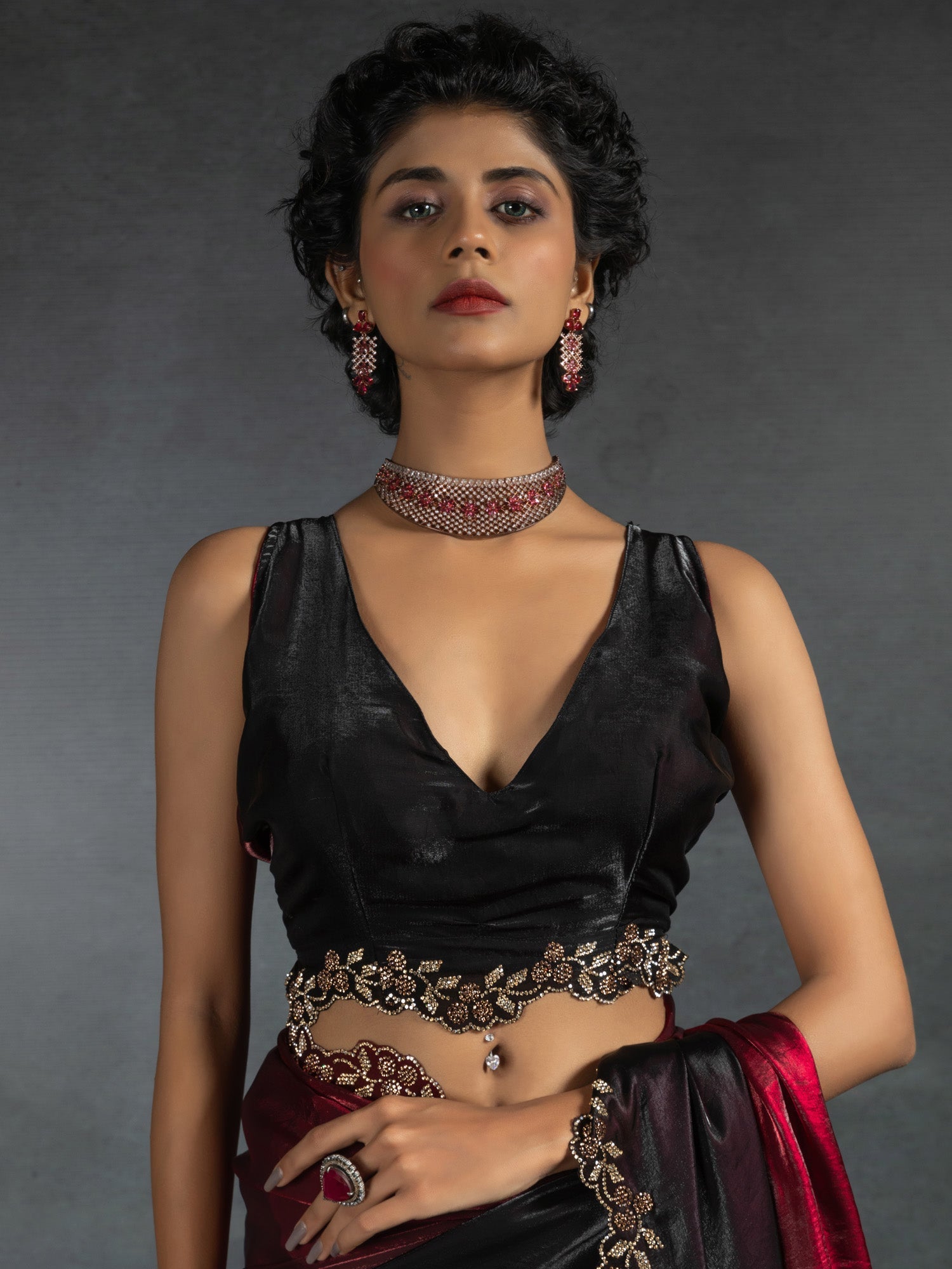 Ombre Dyed Beads and Stones Satin Saree - Ressa