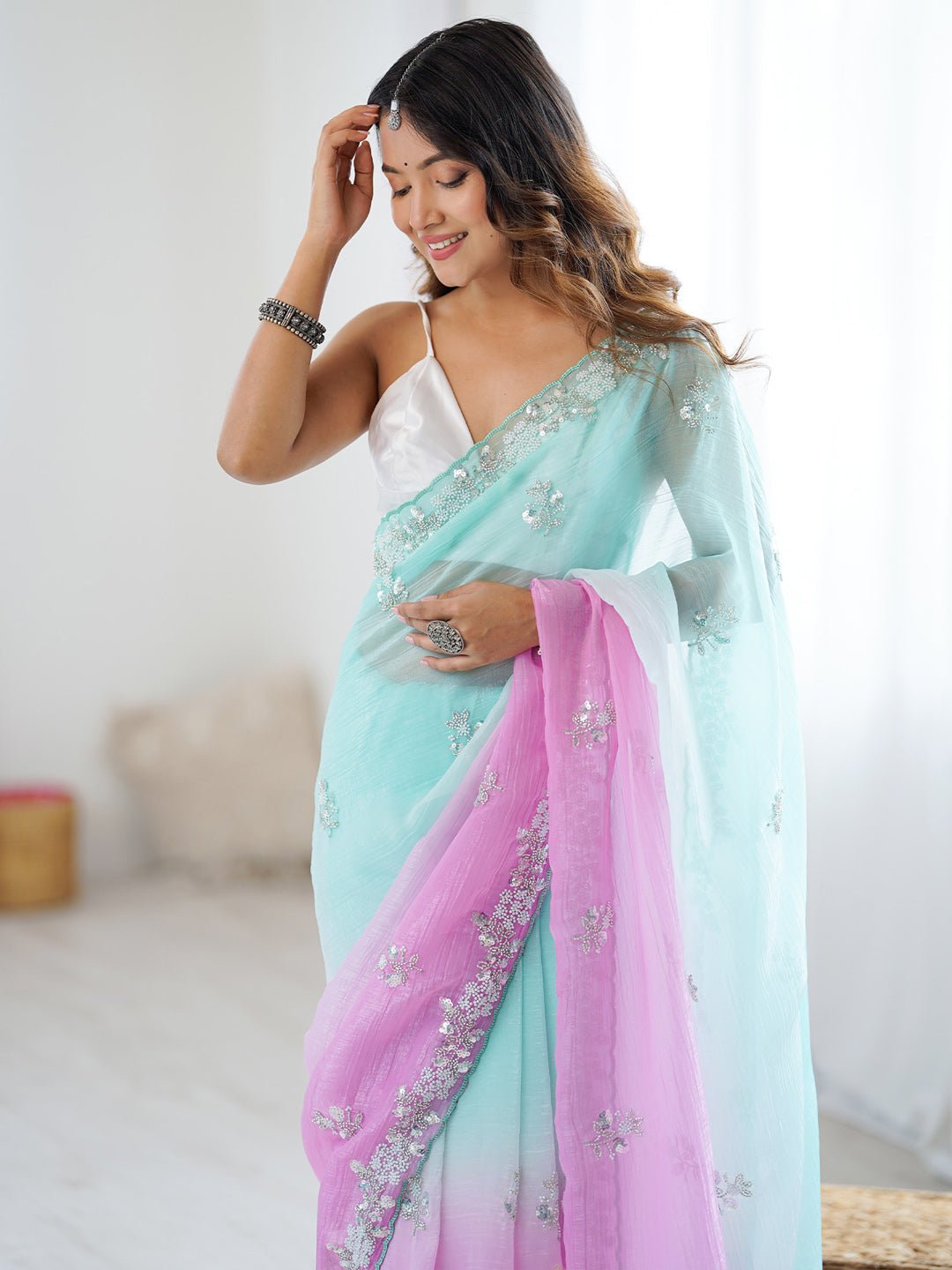 Ombre Embroidery Georgette Saree - Ressa