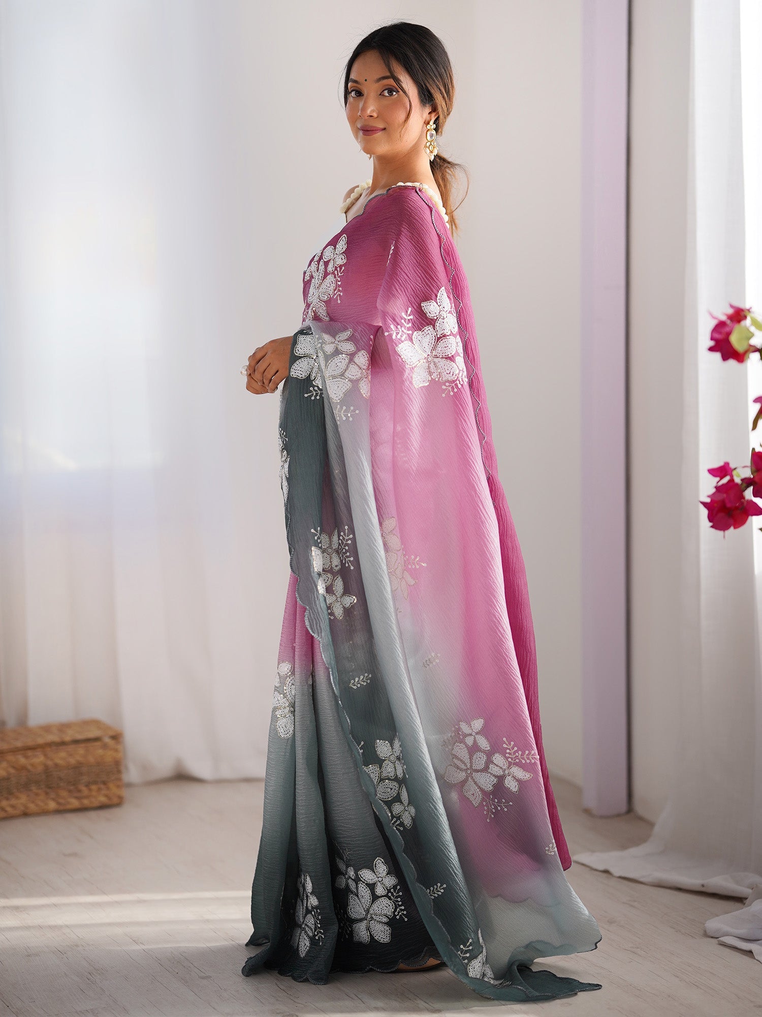 Ombre Floral Embroidered Silk Blend Saree - Ressa