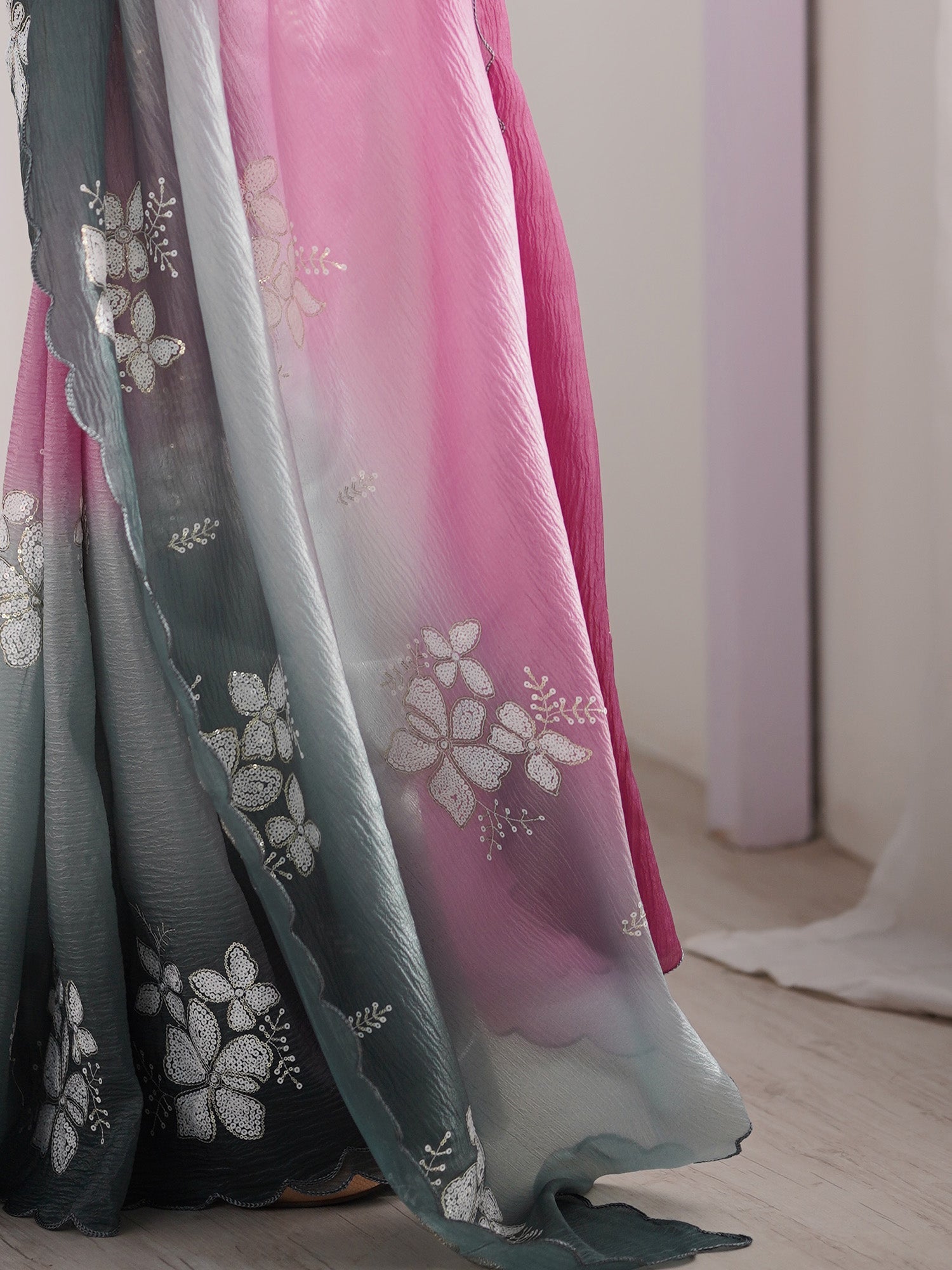 Ombre Floral Embroidered Silk Blend Saree - Ressa