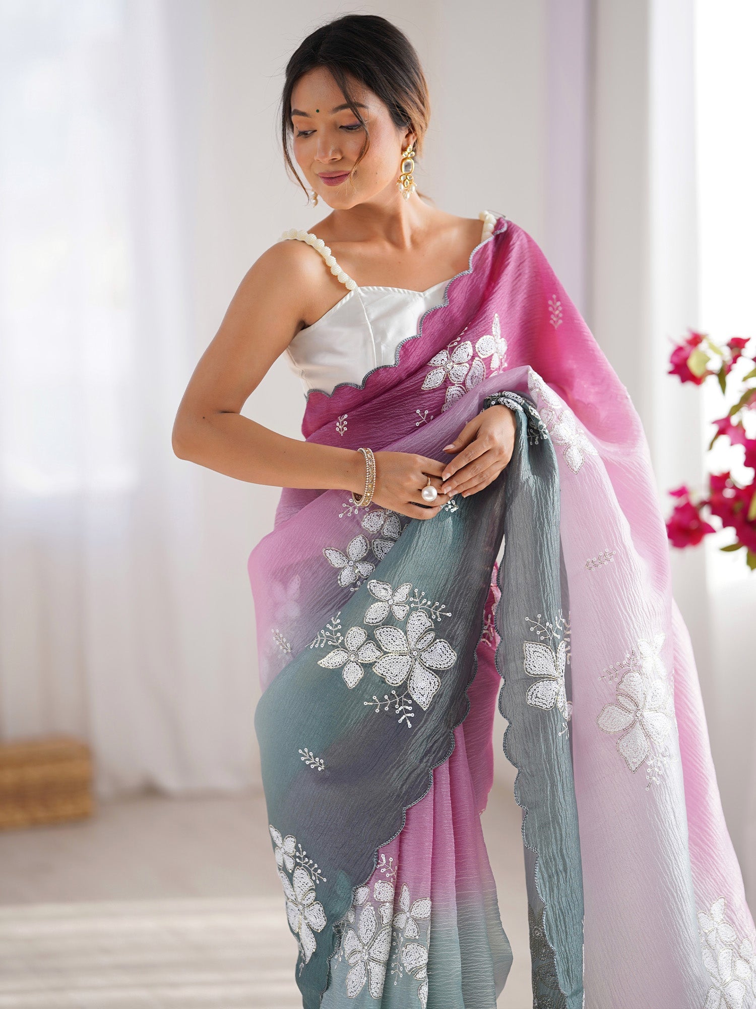 Ombre Floral Embroidered Silk Blend Saree - Ressa
