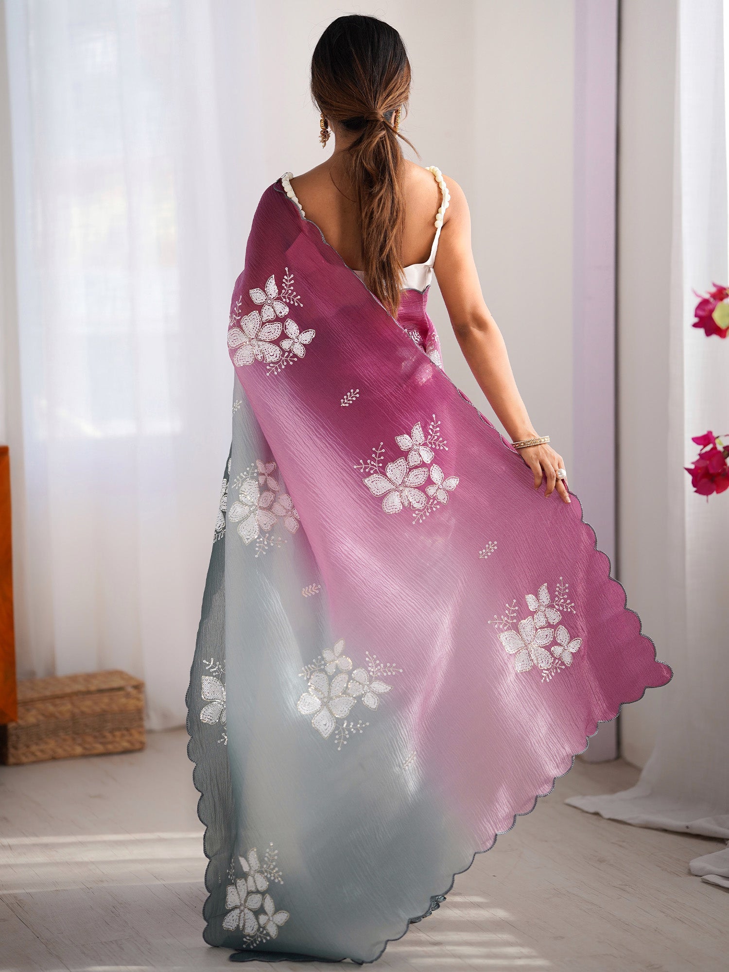 Ombre Floral Embroidered Silk Blend Saree - Ressa