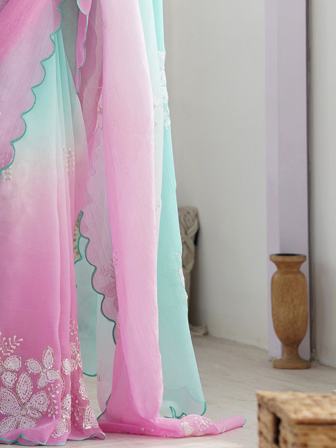 Ombre Organza Saree in Mint & Pink with Floral Embroidery - Ressa