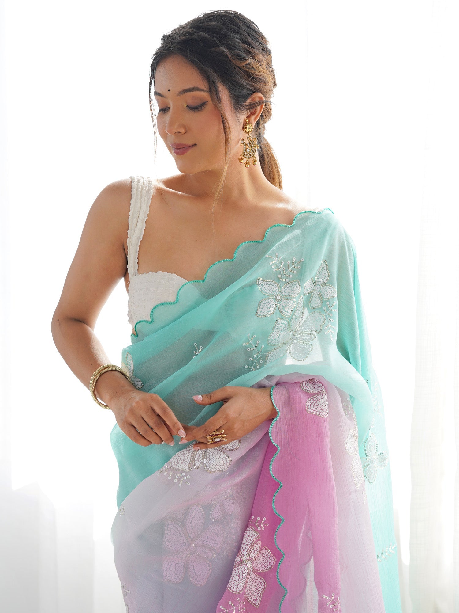 Ombre Organza Saree in Mint & Pink with Floral Embroidery - Ressa
