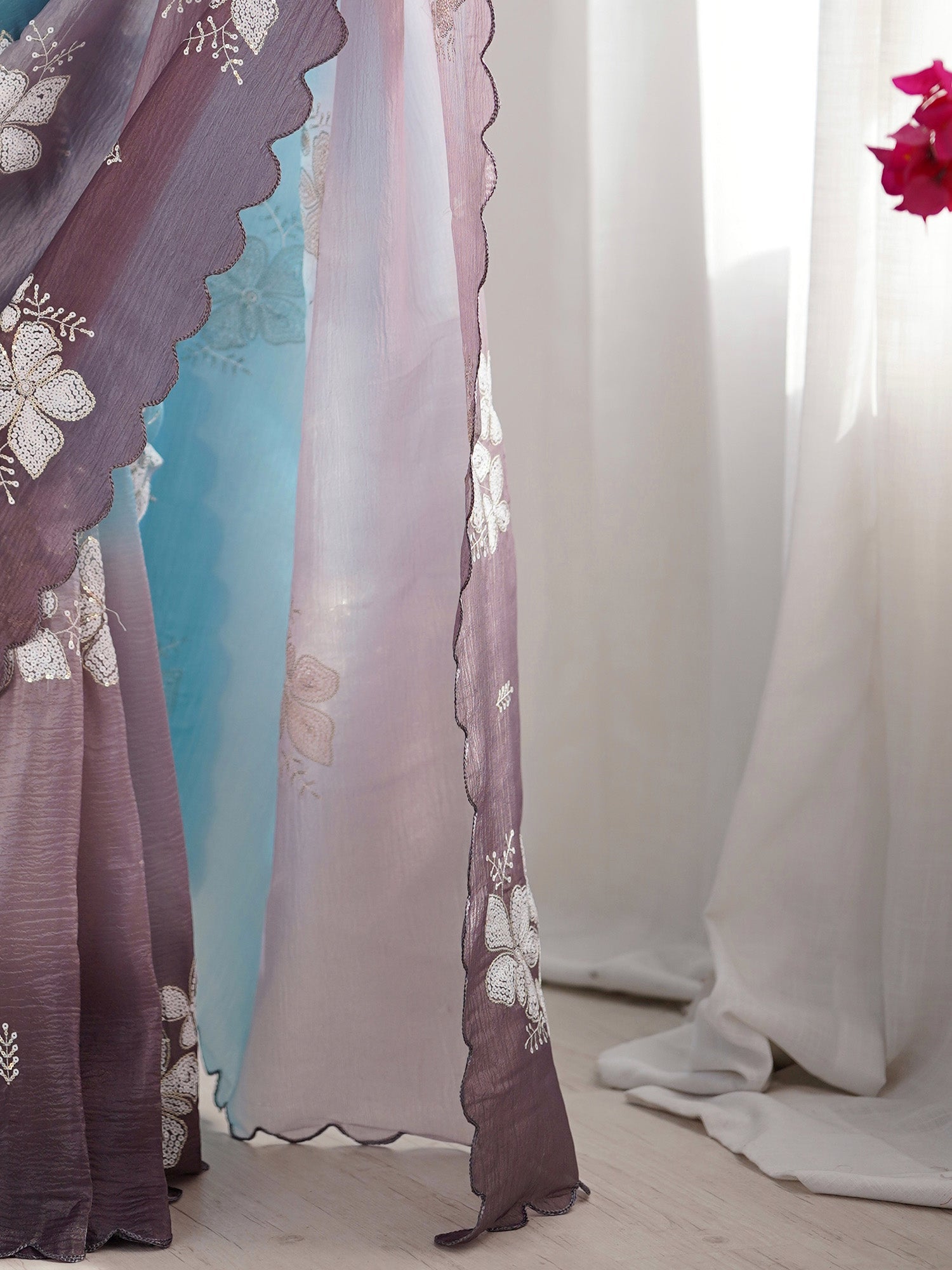Ombre Organza Saree with Floral Embroidery - Ressa