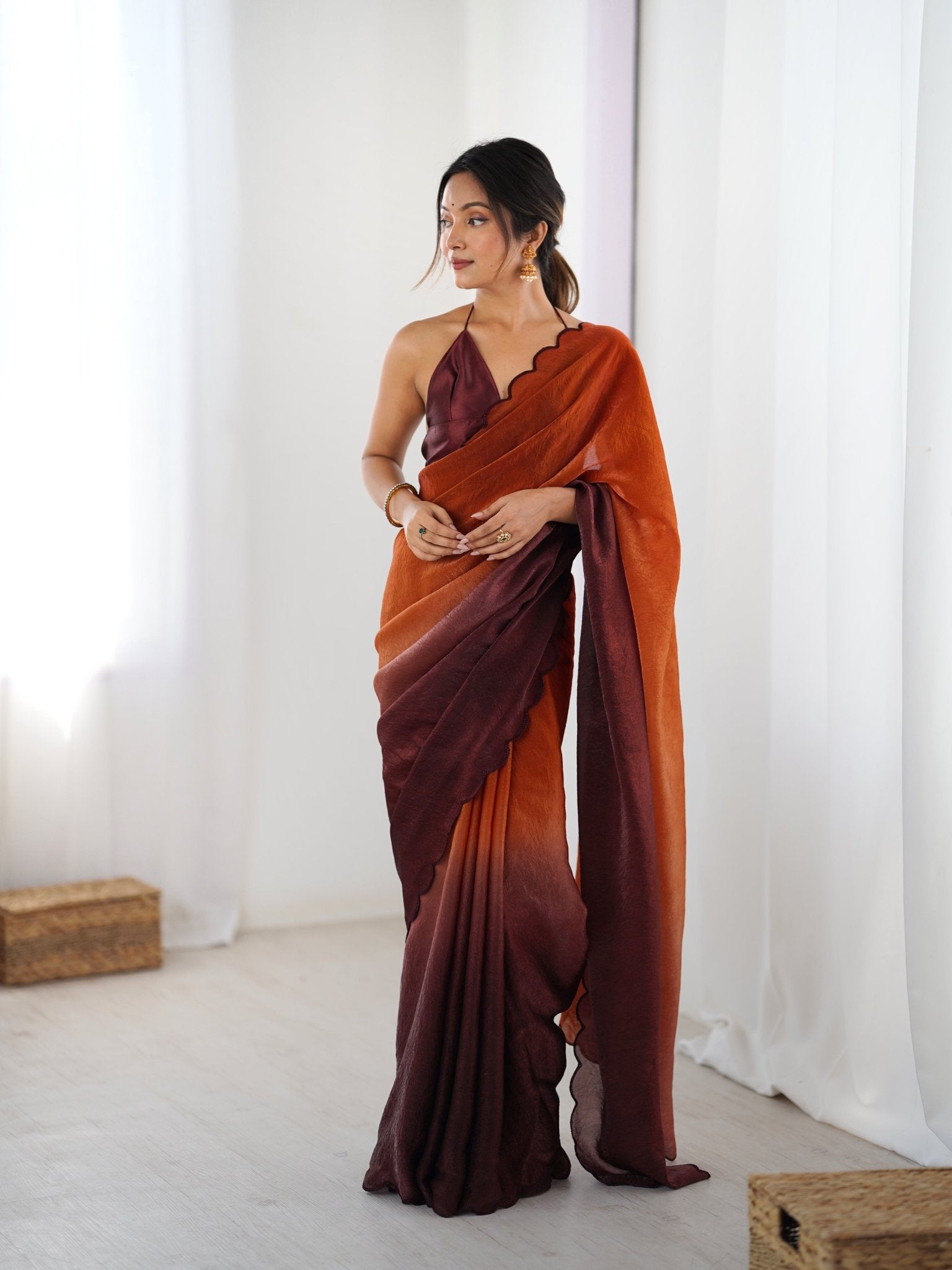 Ombre Organza Saree with Scallop Blouse | Rust to Wine - Ressa