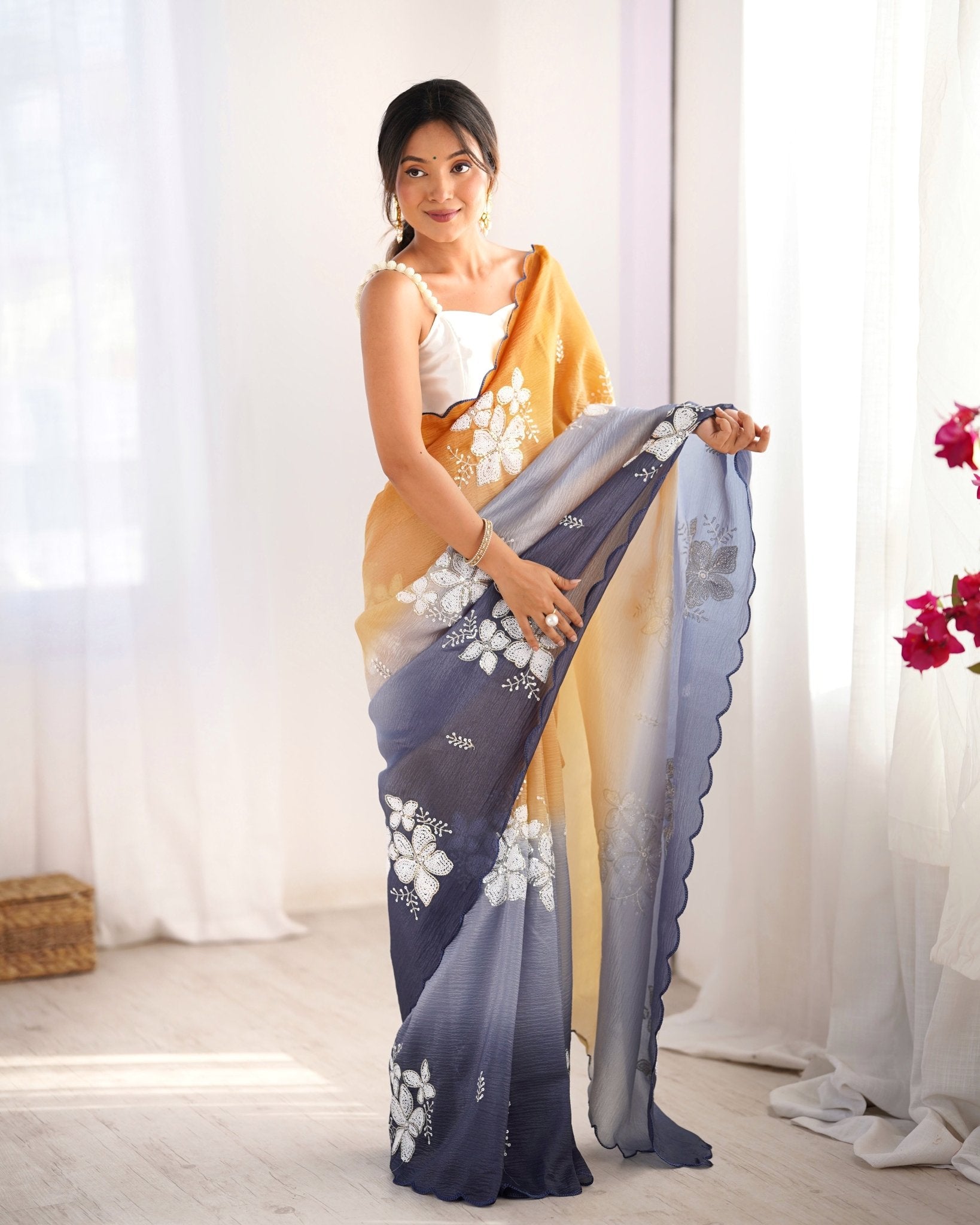 Ombre Organza Saree with Sequin Floral Embroidery - Ressa