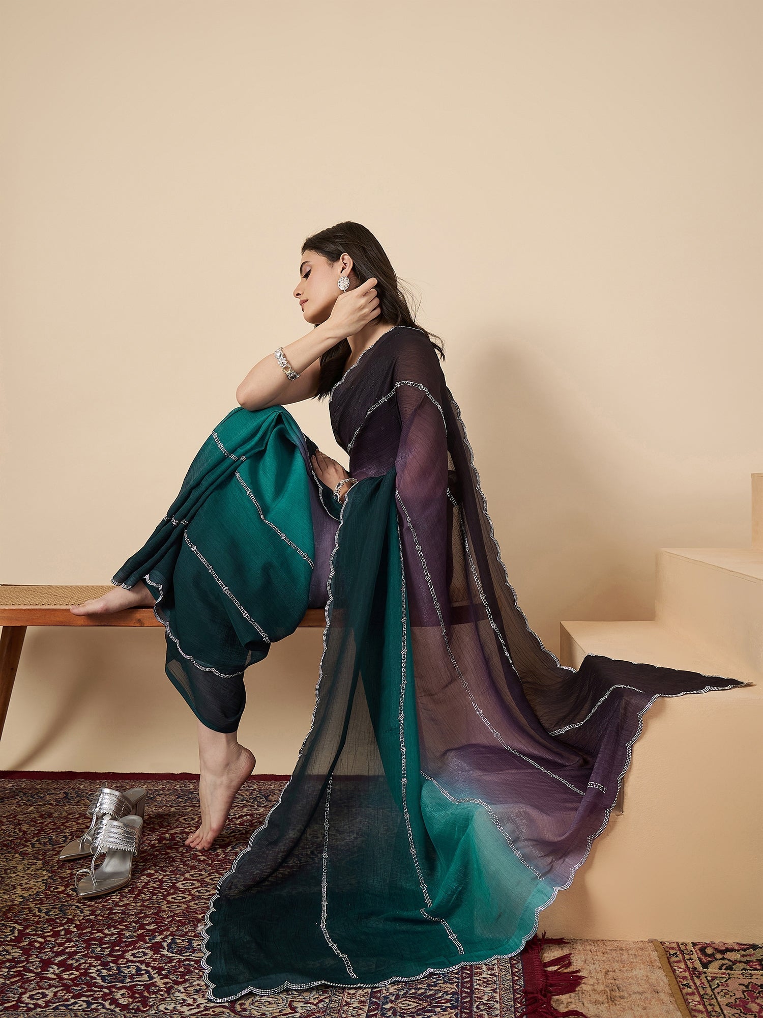 Ombre Organza Saree with Swarovski Scallop Border | Purple to Teal - Ressa