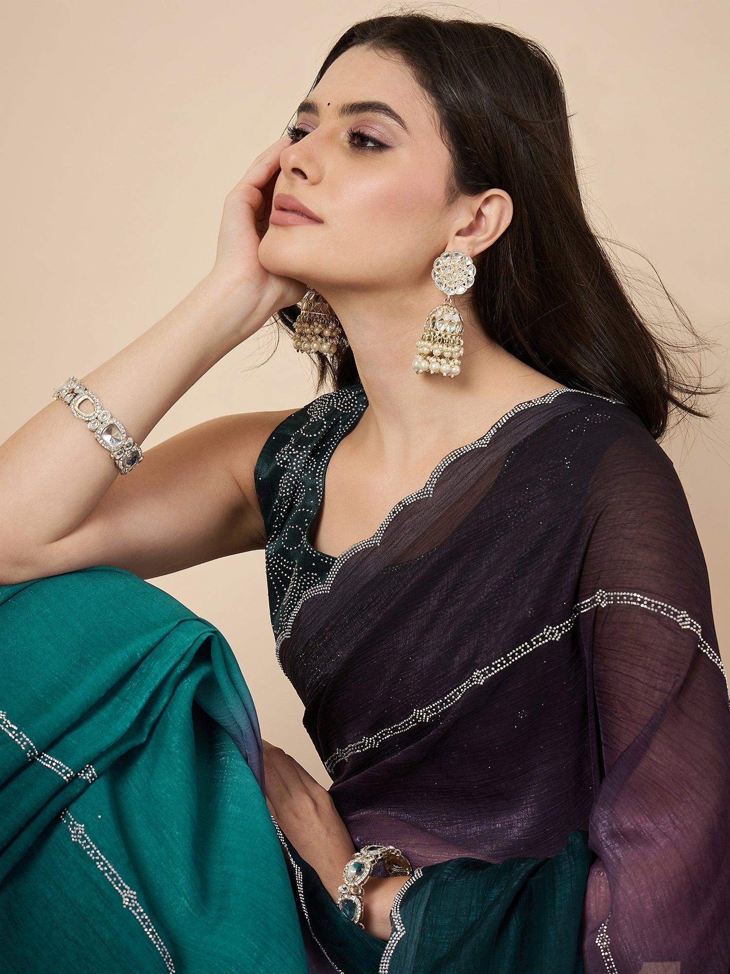 Ombre Organza Saree with Swarovski Scallop Border | Purple to Teal - Ressa