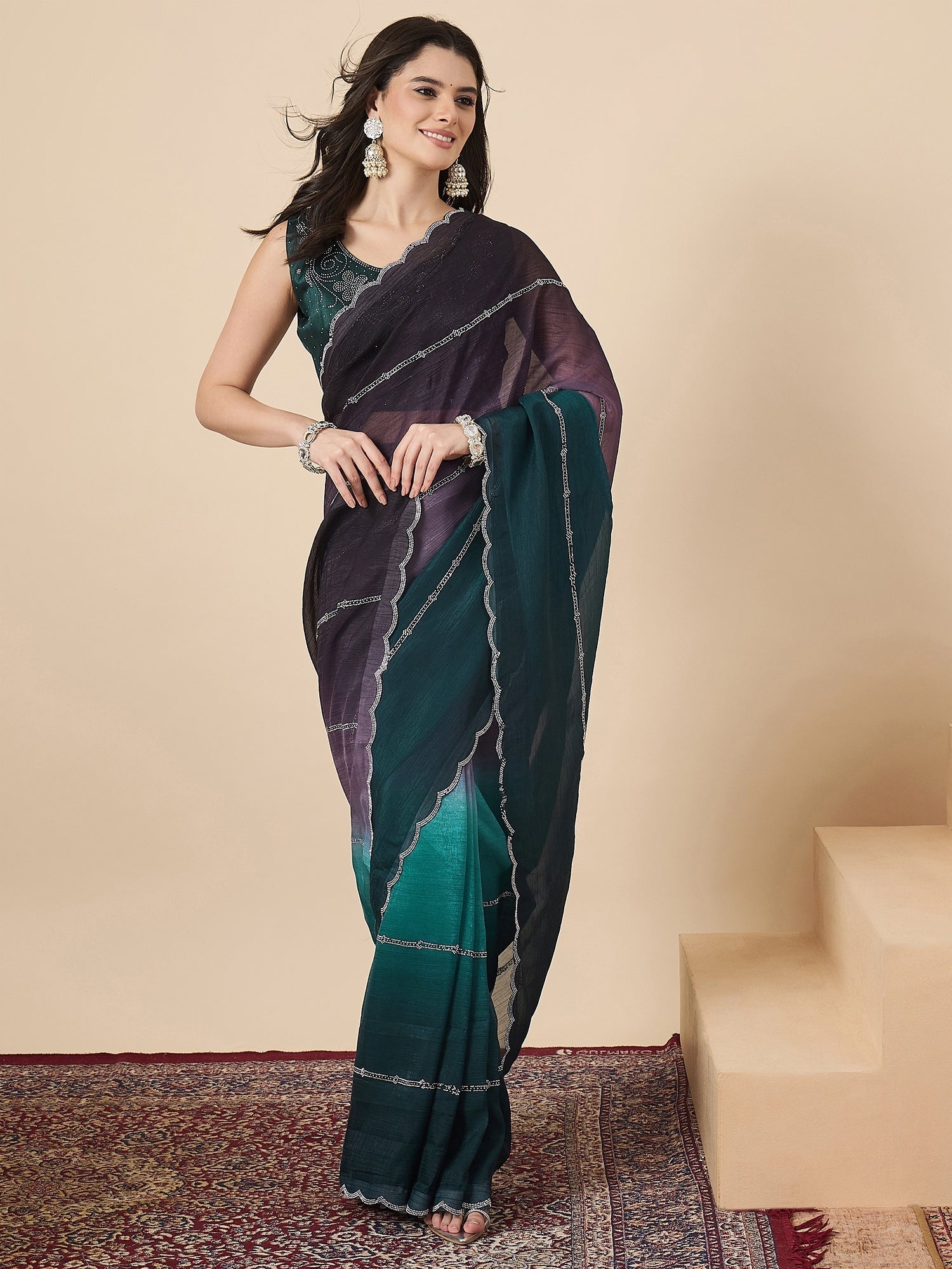 Ombre Organza Saree with Swarovski Scallop Border | Purple to Teal - Ressa