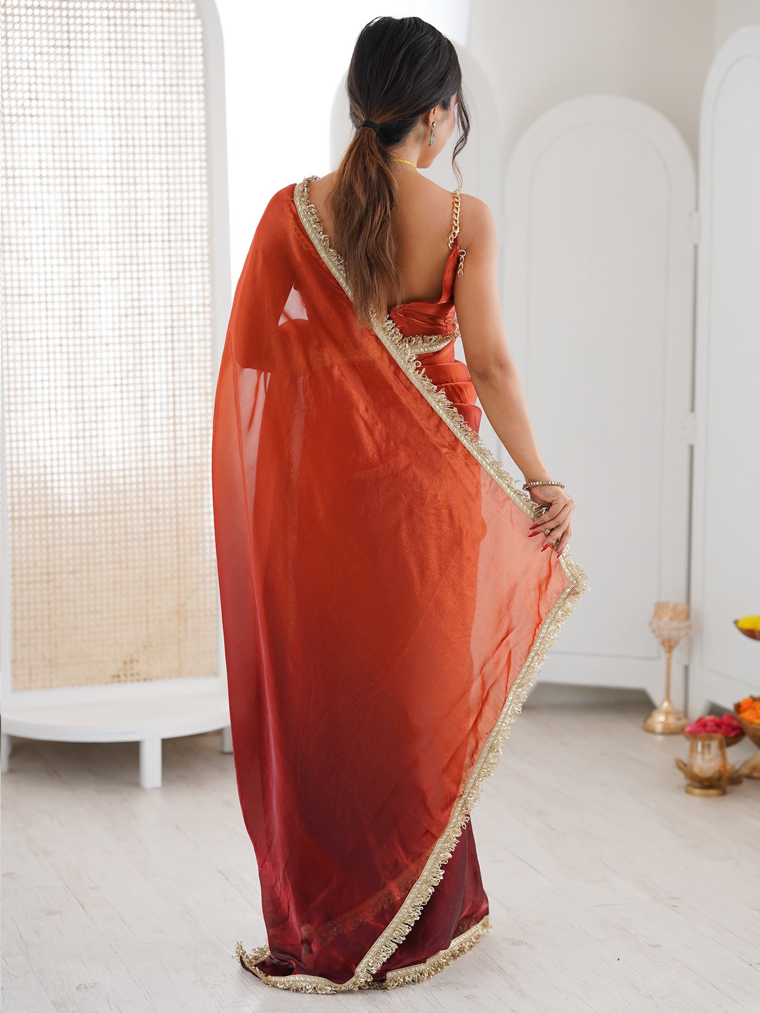 Ombre Rust Maroon Chiffon Saree - Ressa