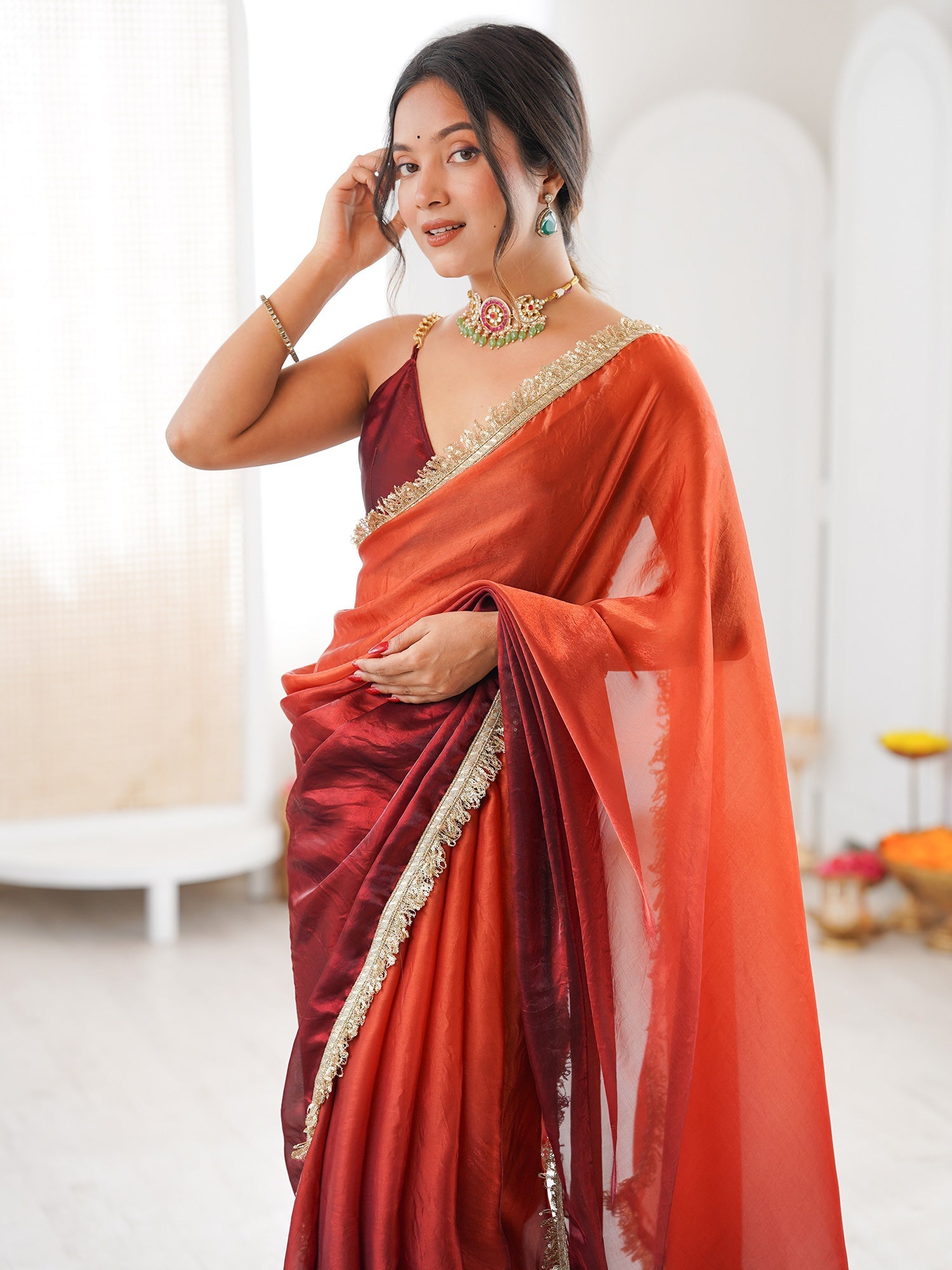 Ombre Rust Maroon Chiffon Saree - Ressa