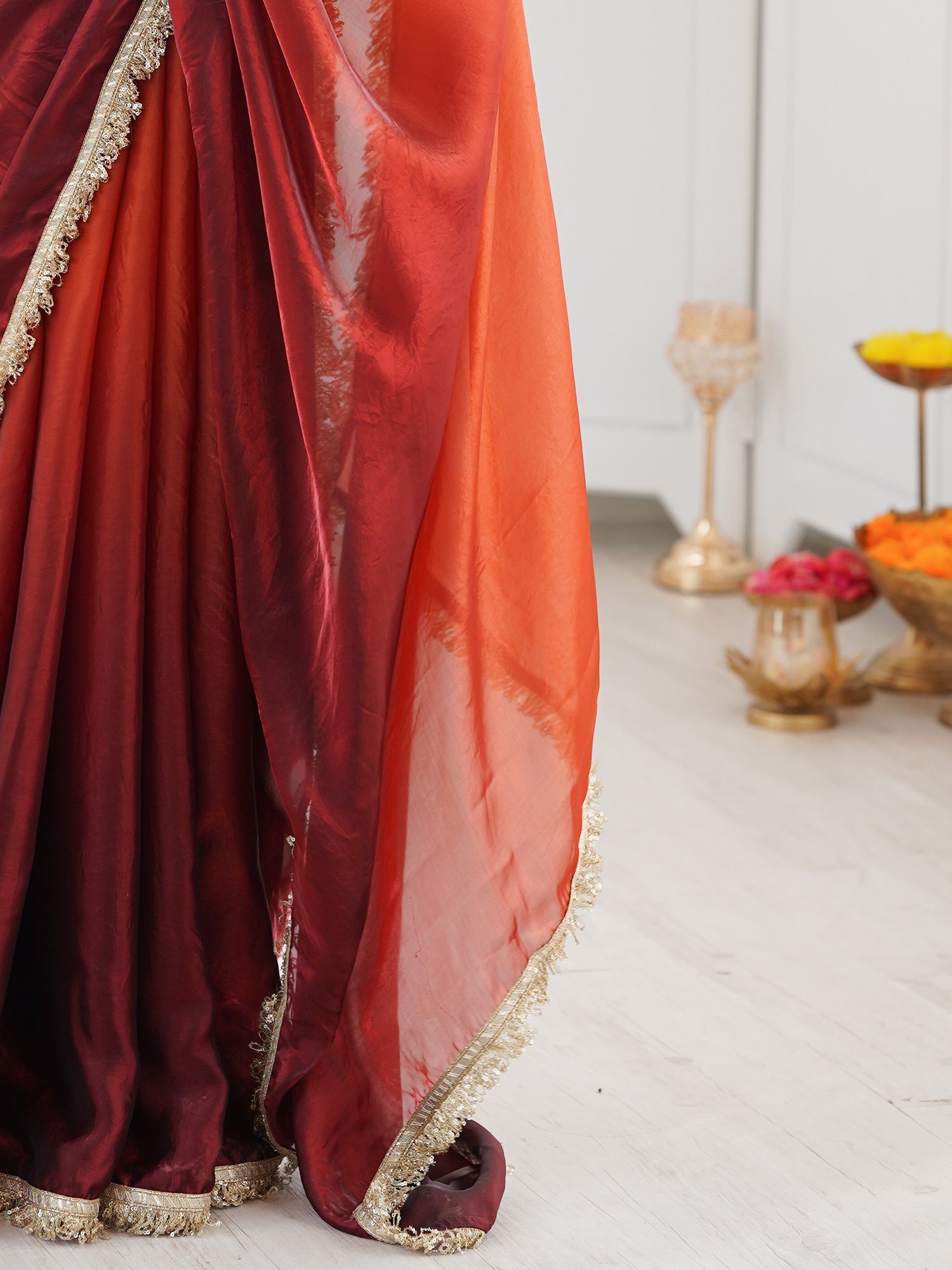 Ombre Rust Maroon Chiffon Saree - Ressa
