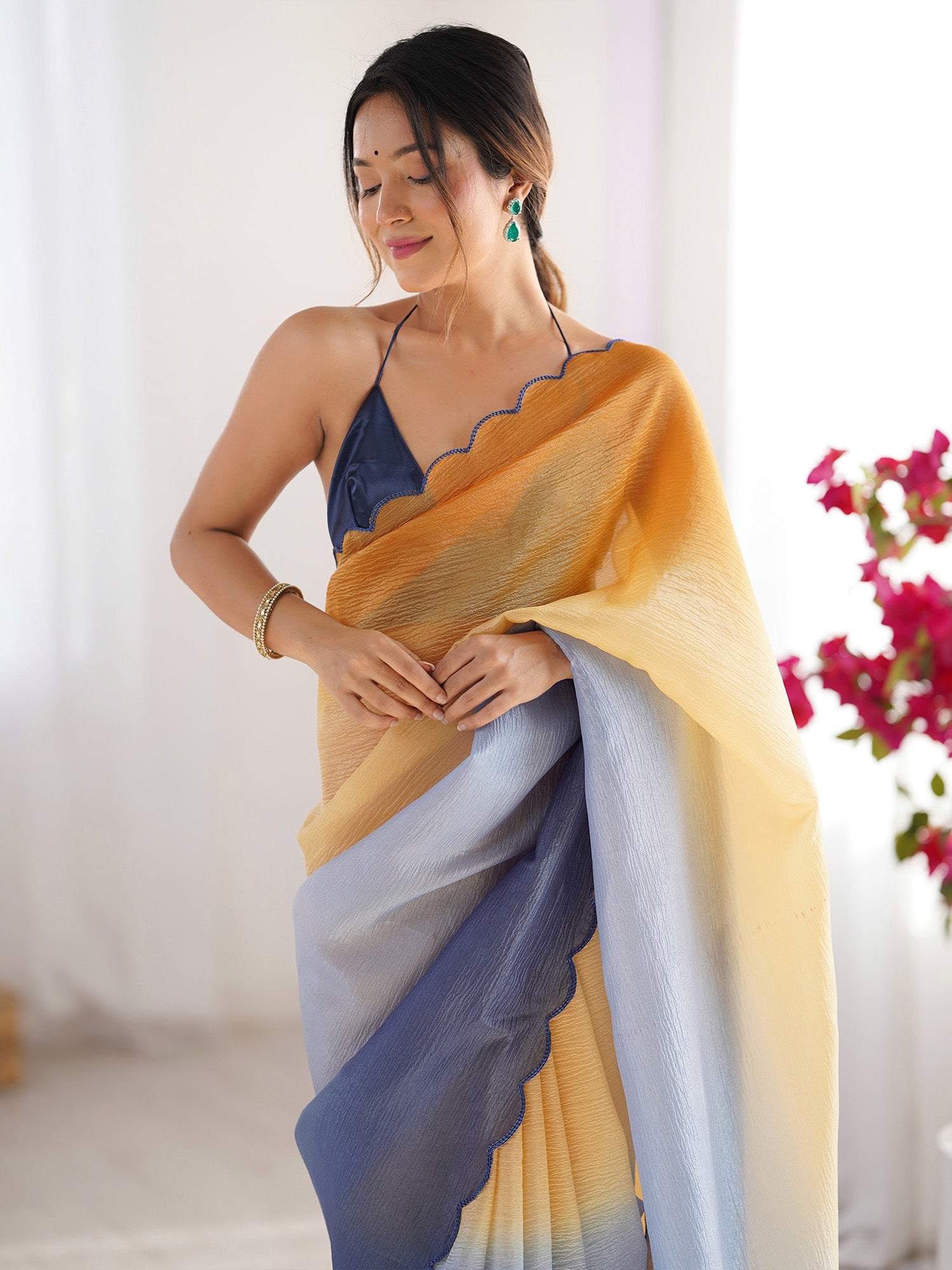 Ombre Scallop Saree in Yellow & Navy - Ressa