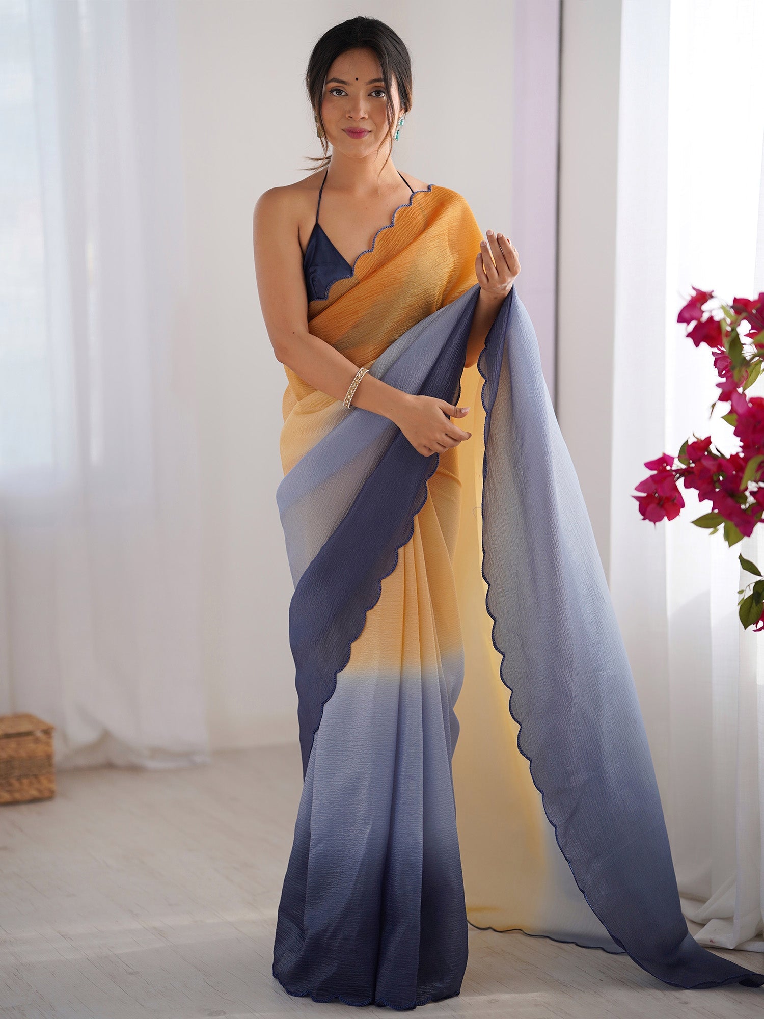 Ombre Scallop Saree in Yellow & Navy - Ressa