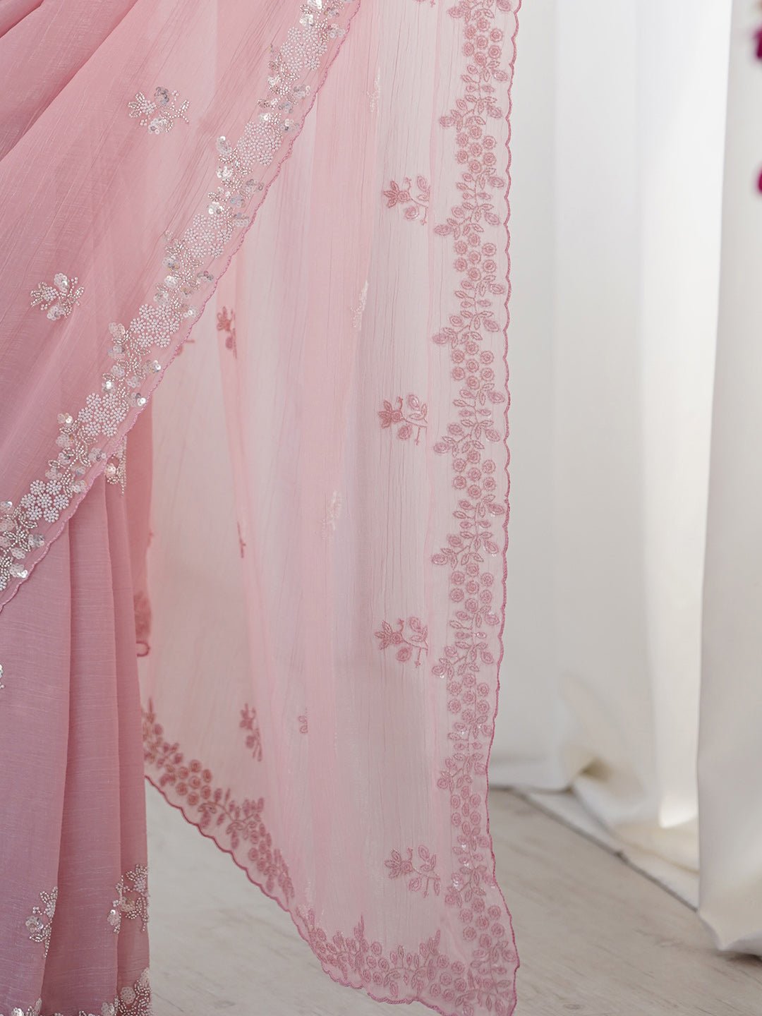 Onion Pink Chiffon Emblished Saree - Ressa