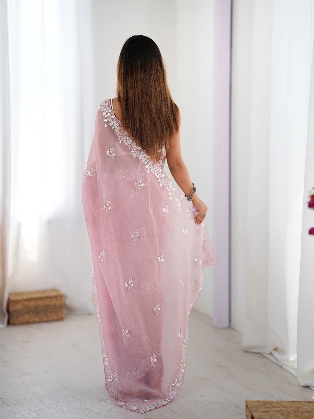 Onion Pink Chiffon Emblished Saree - Ressa