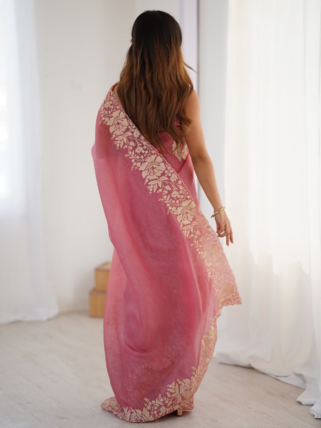 Onion Pink Chiffon Embroidered Saree - Ressa
