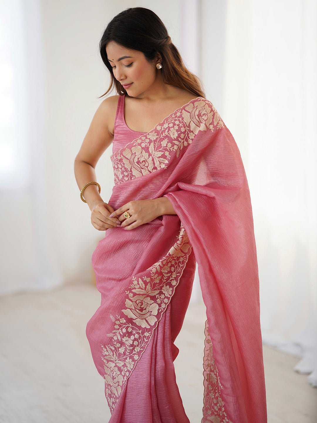 Onion Pink Chiffon Embroidered Saree - Ressa