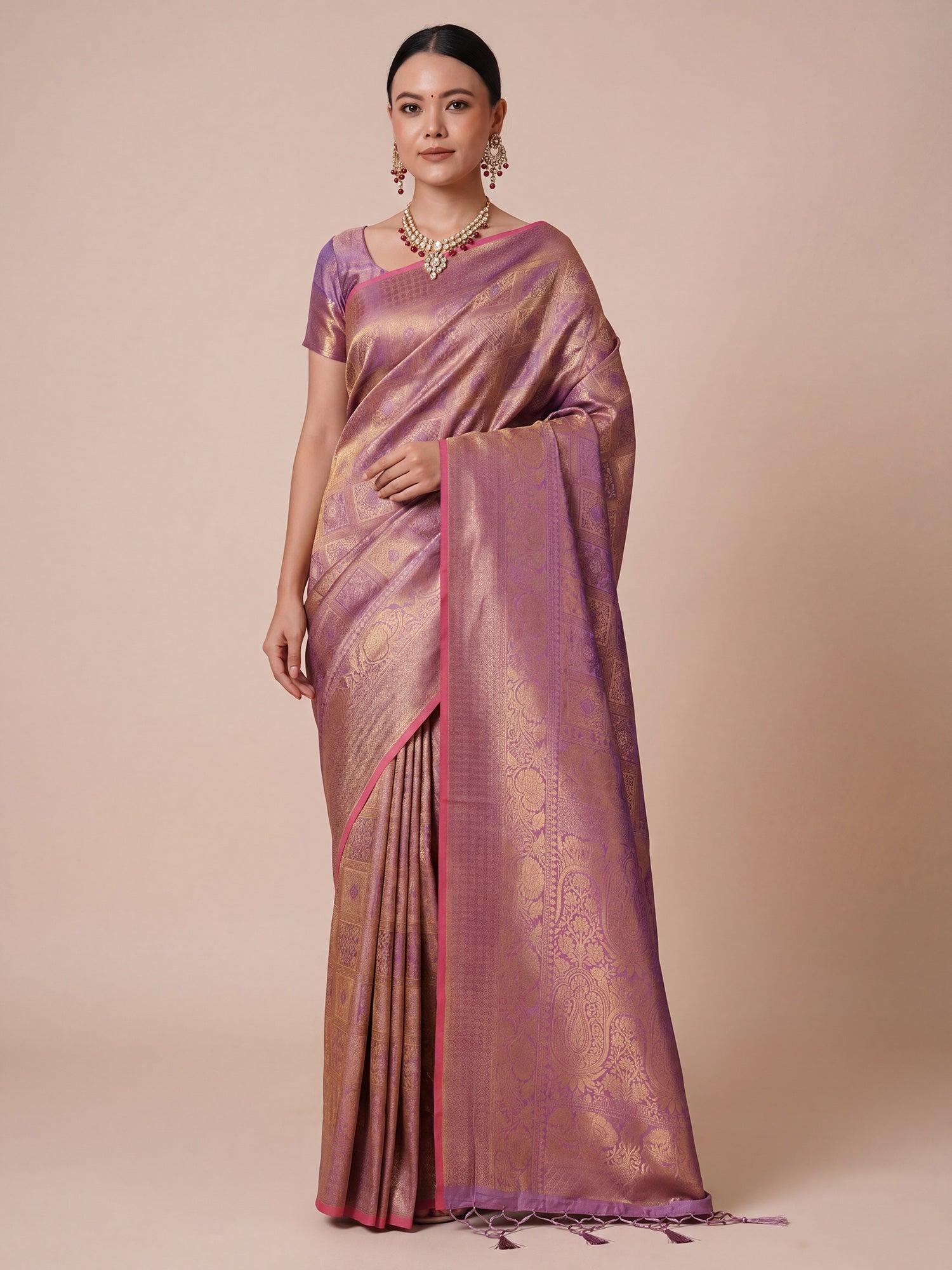 Onion Pink Gold Banarasi Tissue Silk Saree - Ressa