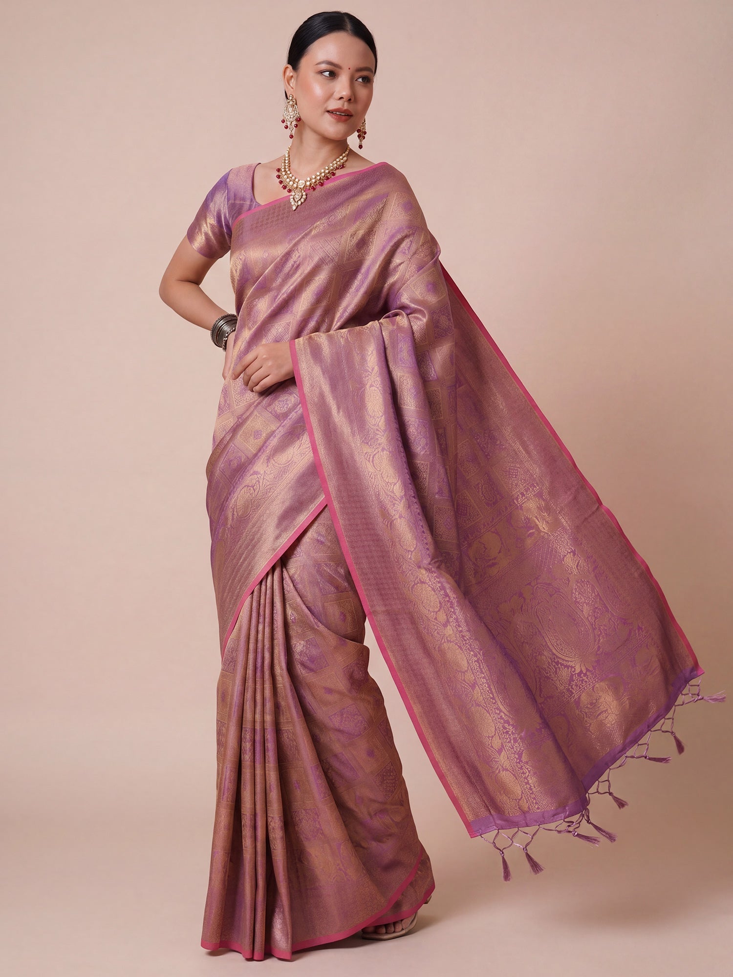 Onion Pink Gold Banarasi Tissue Silk Saree - Ressa