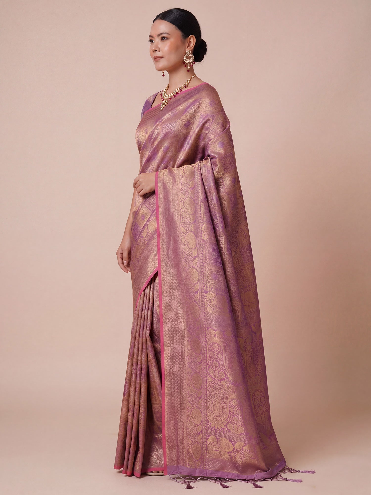 Onion Pink Gold Banarasi Tissue Silk Saree - Ressa