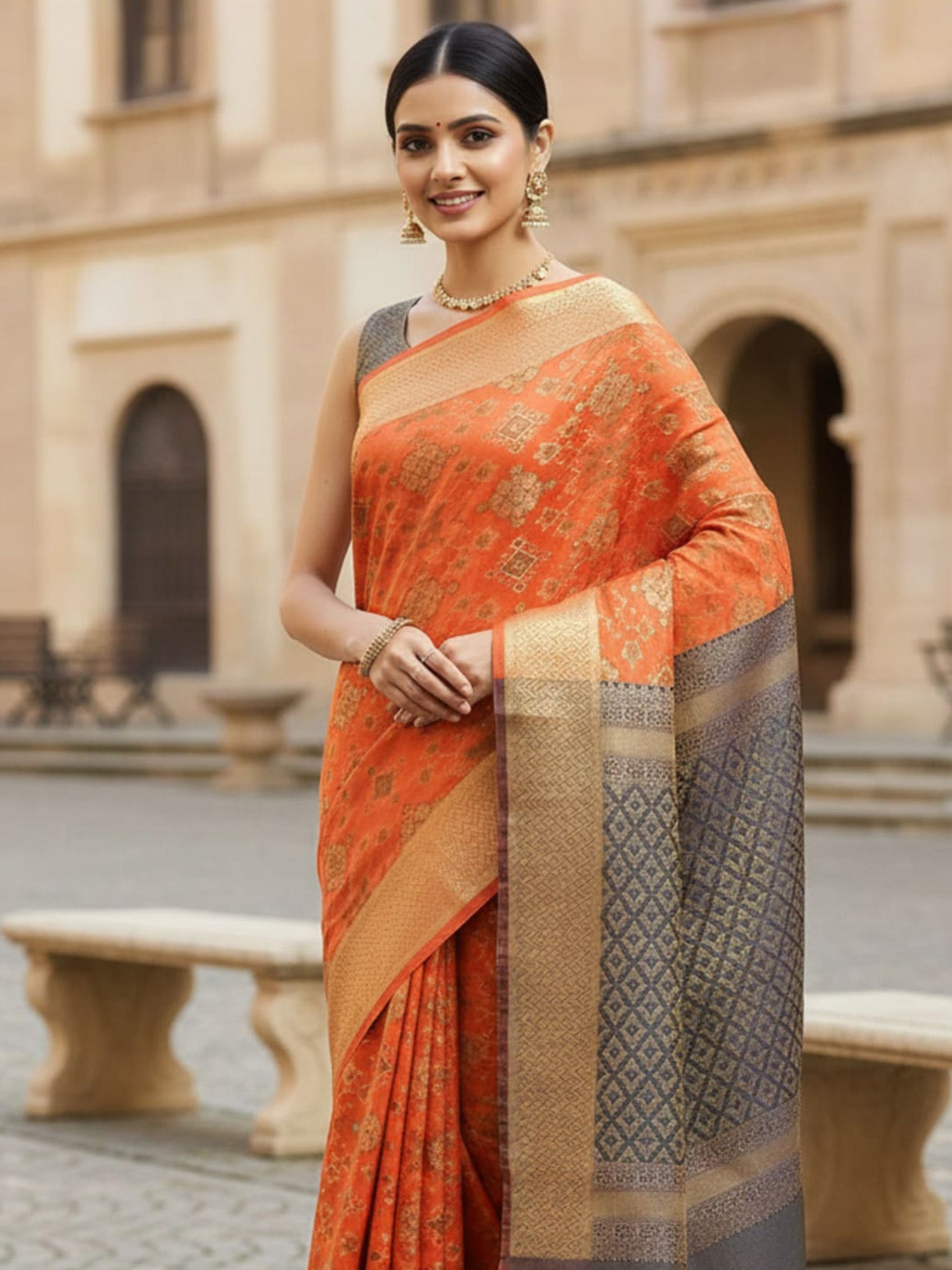 Orange Banarasi Organza Saree - Ressa