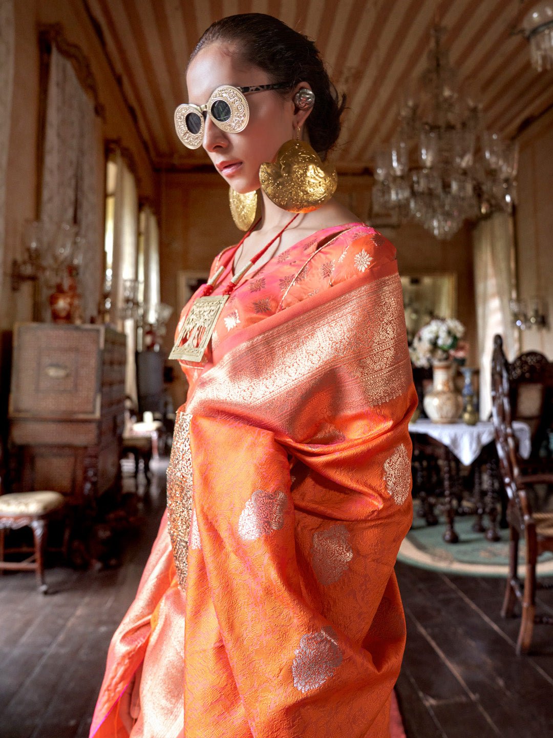Orange Banarasi Silk Blend Saree - Ressa