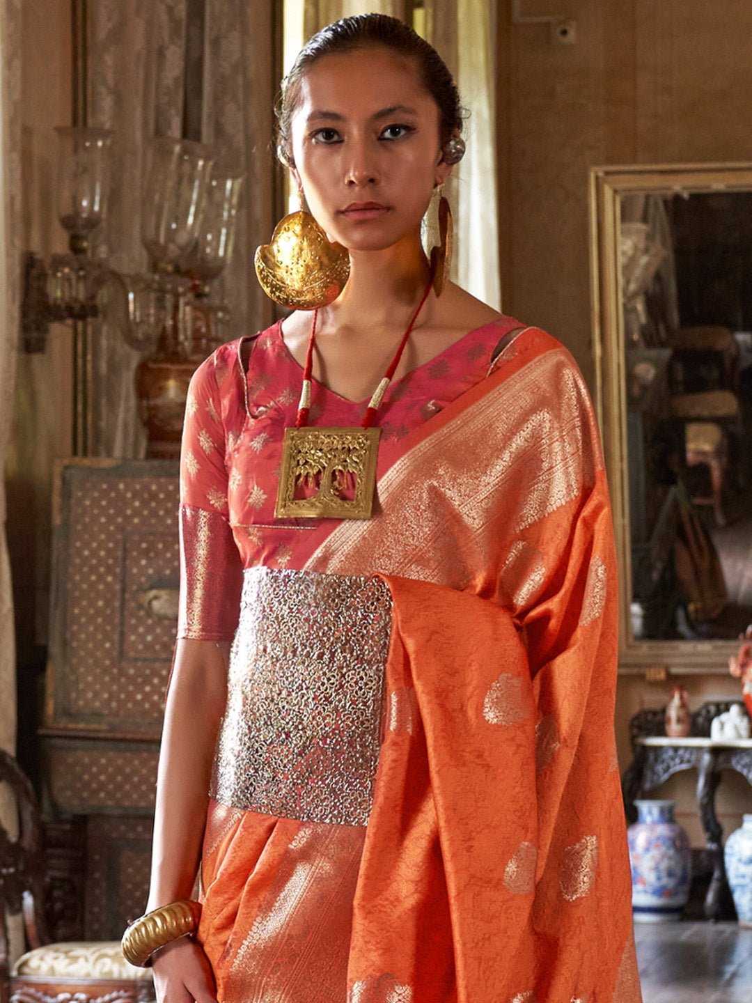 Orange Banarasi Silk Blend Saree - Ressa