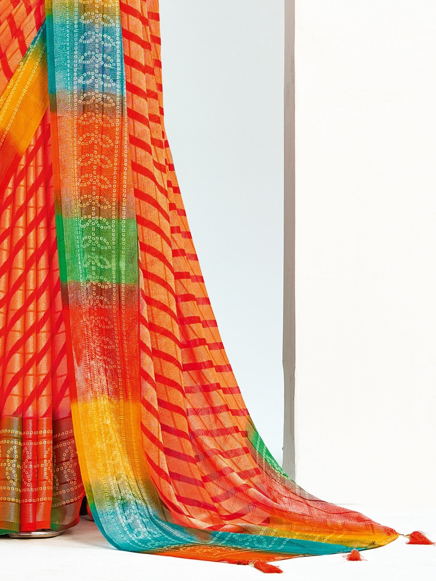 Orange Bandhani Chiffon Saree with Multicolour Rainbow Border | - Ressa