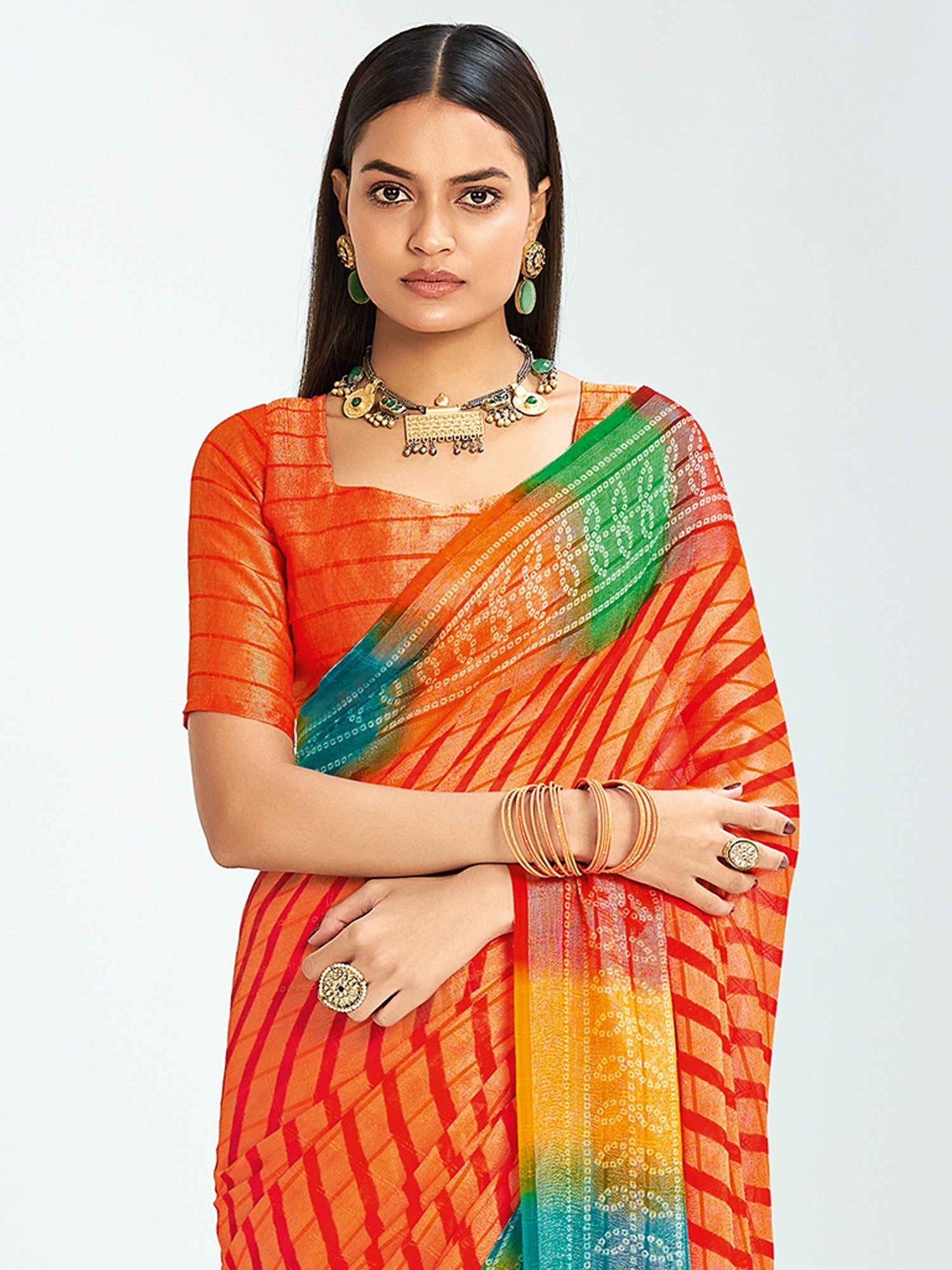 Orange Bandhani Chiffon Saree with Multicolour Rainbow Border | - Ressa