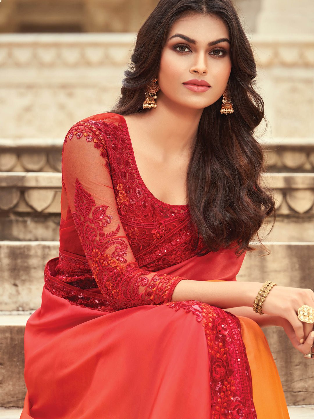 Orange Embellished Party wear Saree - Ressa