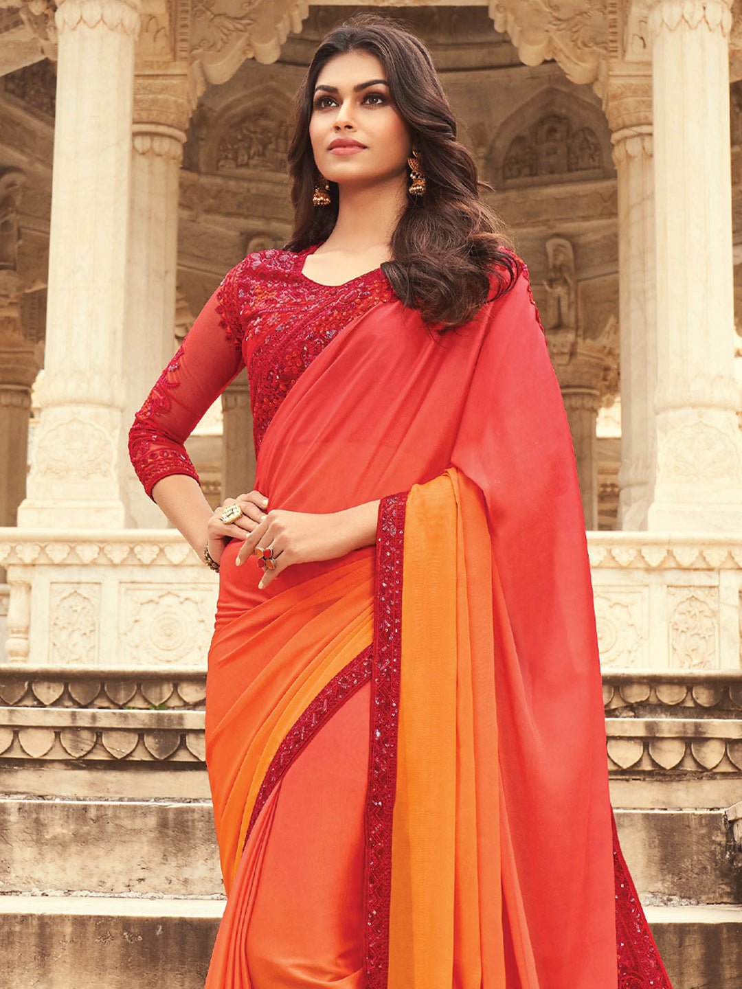 Orange Embellished Party wear Saree - Ressa