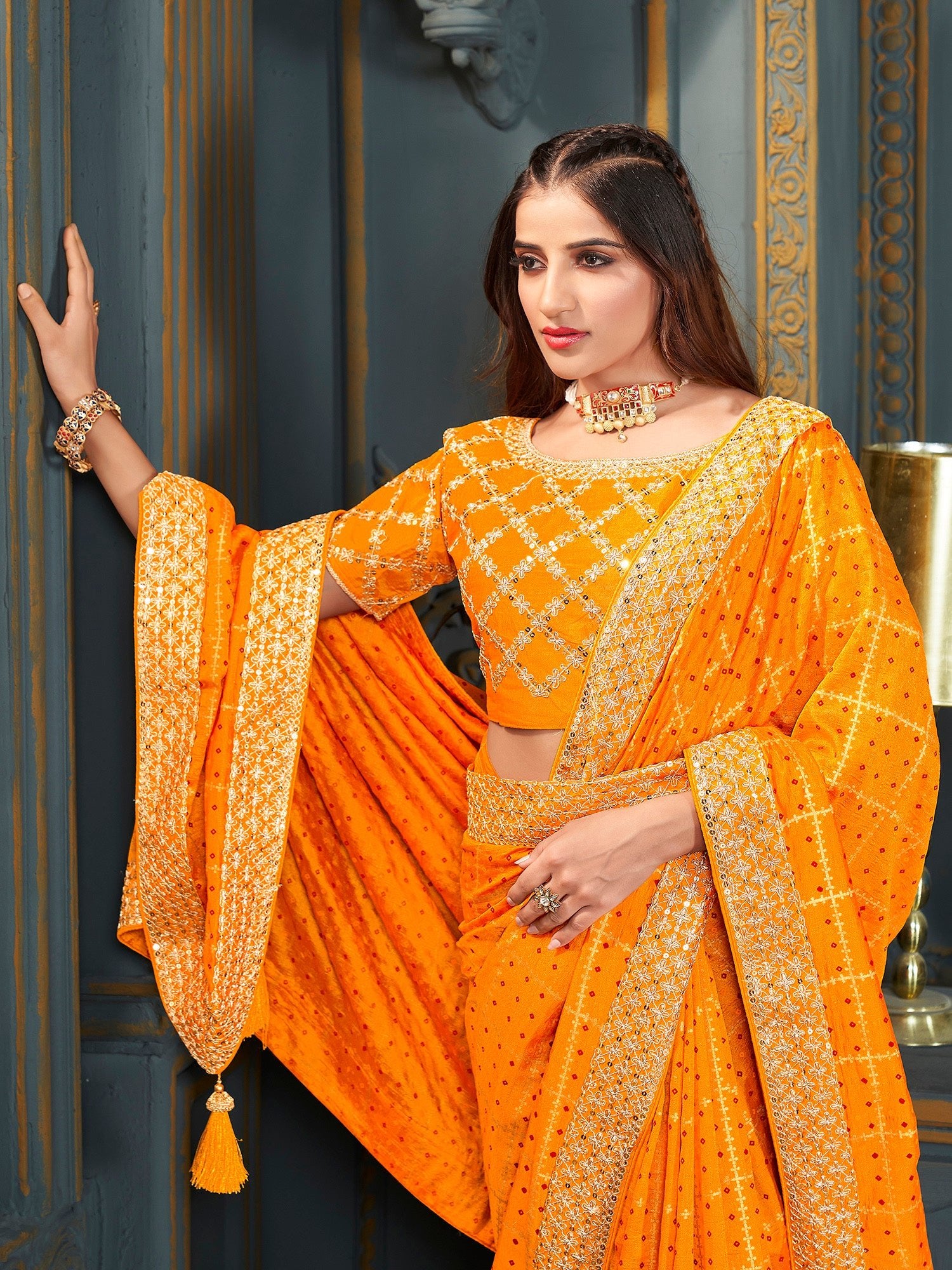 Orange Embroidered Georgette Saree with Sequin Work Blouse - Ressa